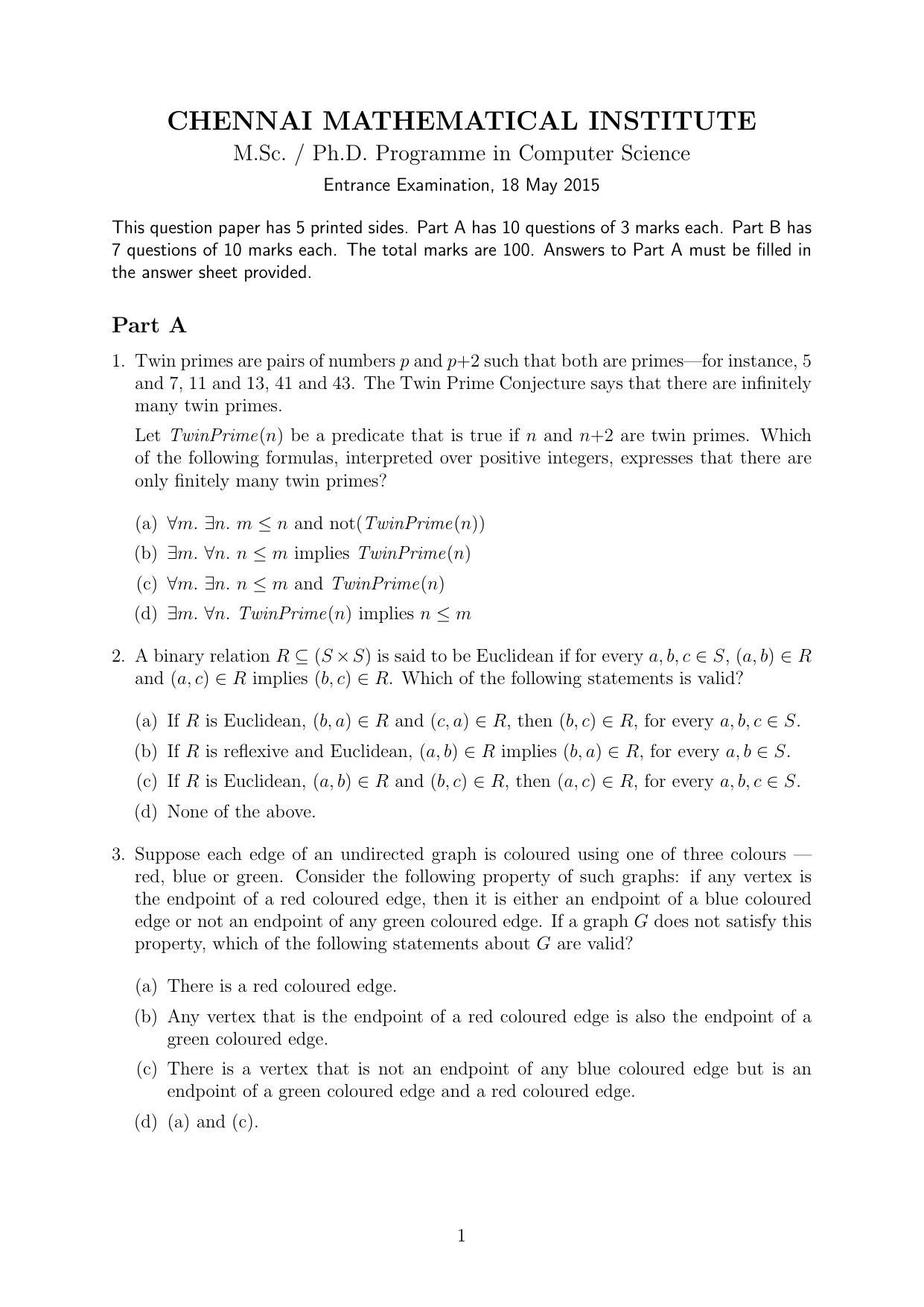 CMI Entrance Exam 2015 Question Paper MSc/PhD Computer Science - Page 1