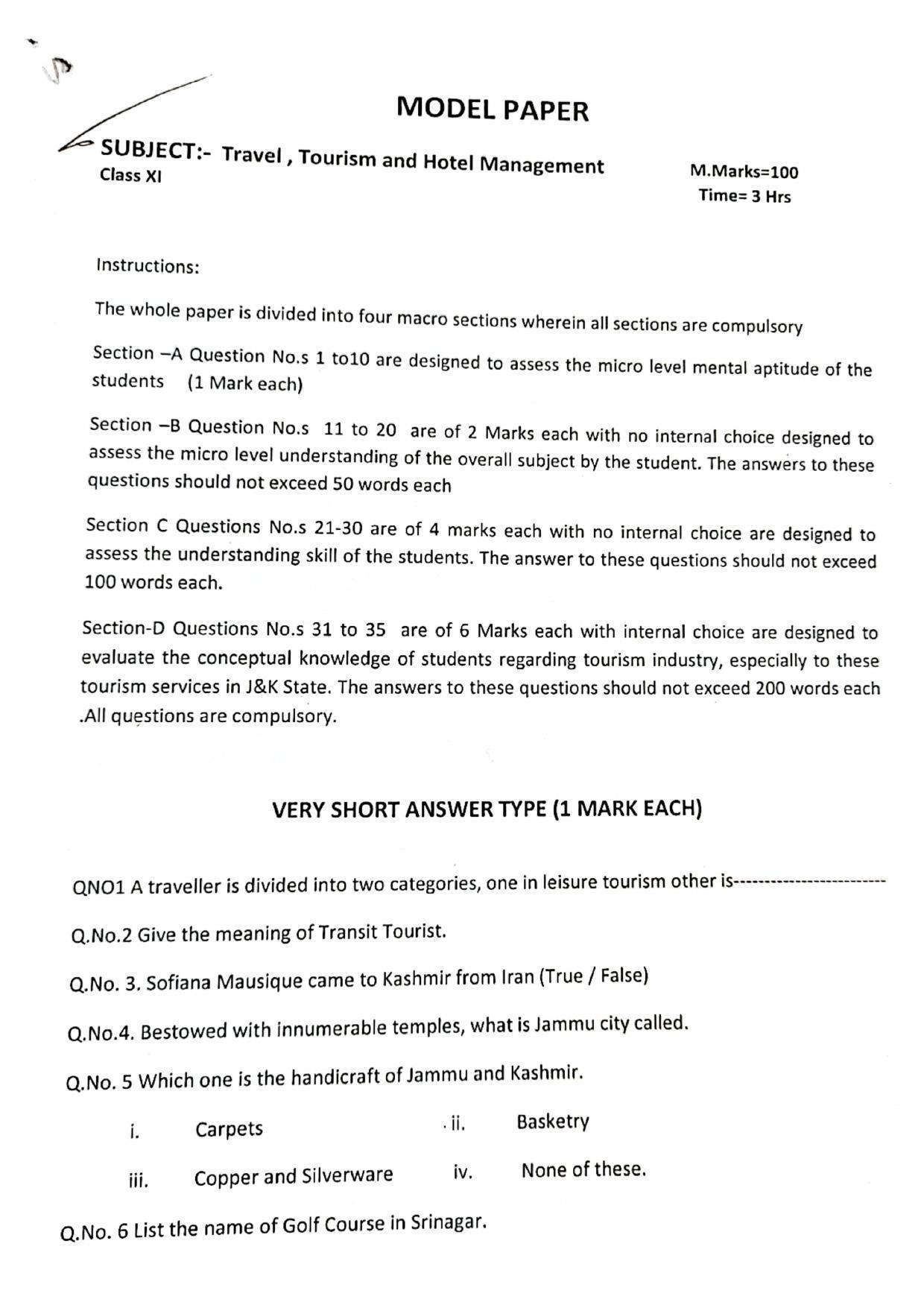 JKBOSE Class 11 Travel & Tourism Management Model Question Paper 2023 - Page 1