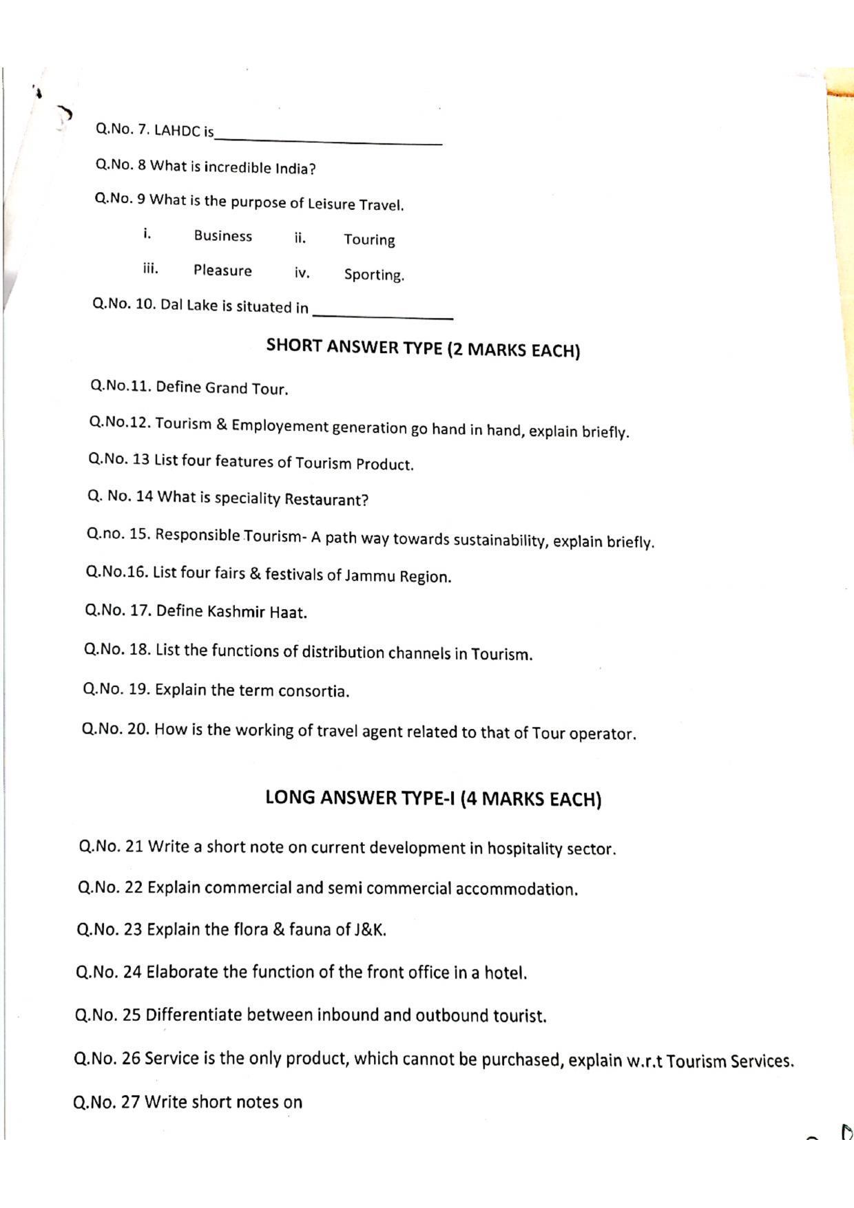 JKBOSE Class 11 Travel & Tourism Management Model Question Paper 2023 - Page 2