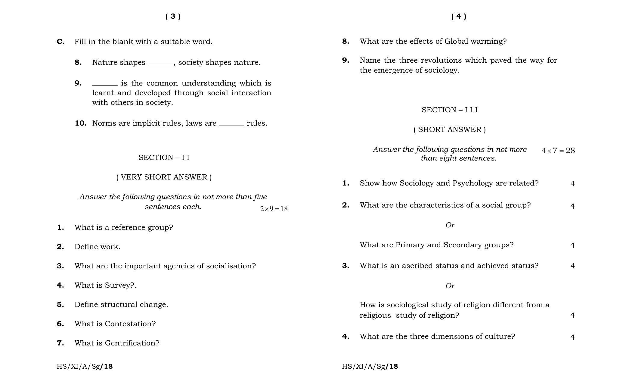 Meghalaya Board (MBOSE) Class 11 Sociology 2018 Question Paper - Page 2