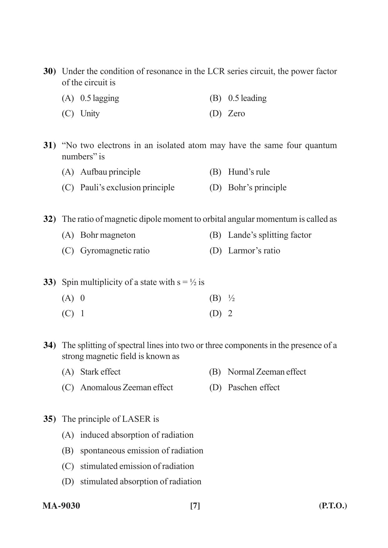 Mysore University PG Entrance Exam 2022: M.Sc. Physics Question Paper - Page 7