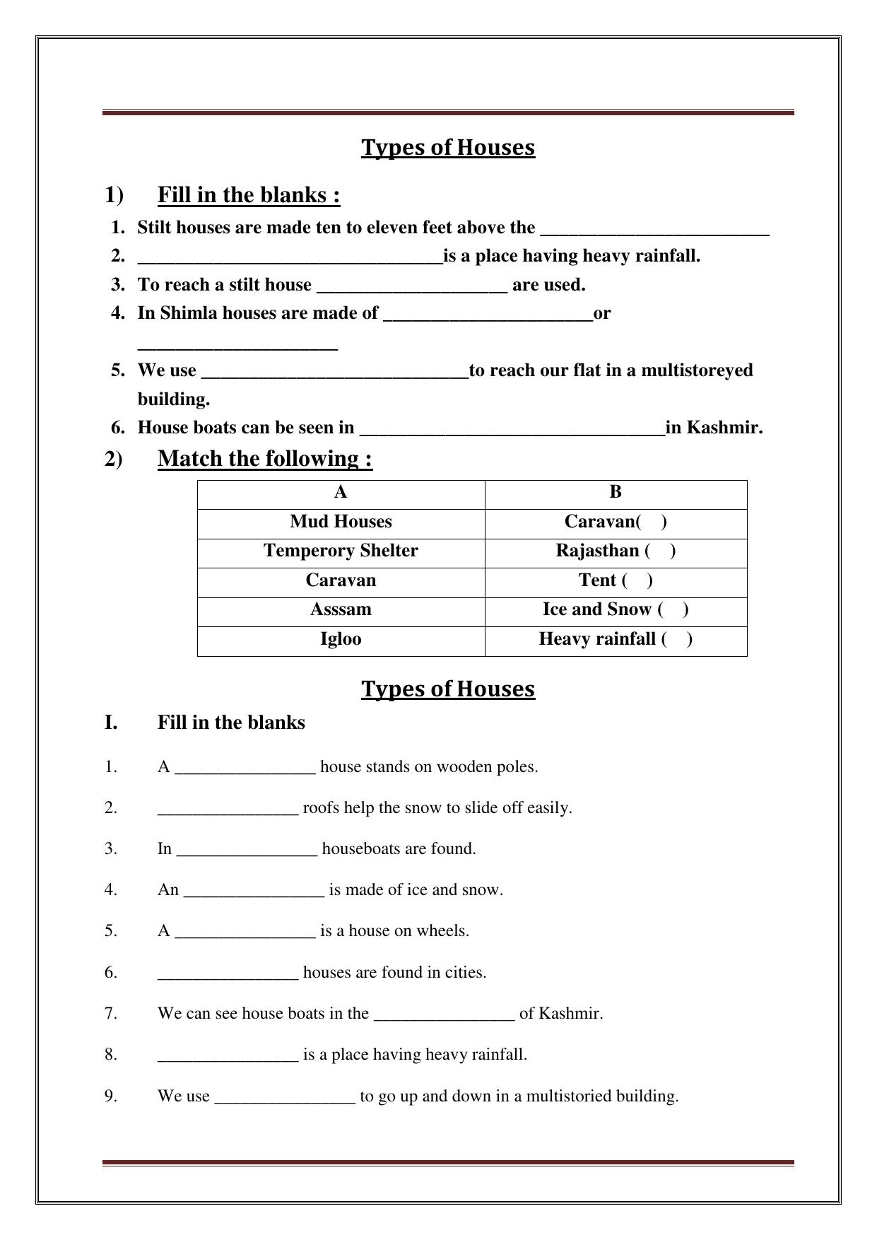 Worksheet for Class 3 Social Science Assignment 10 - Page 1
