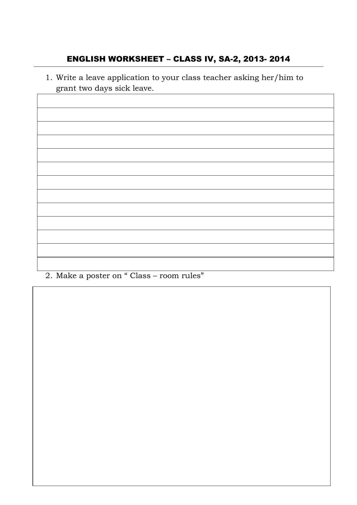 Worksheet for Class 4 English Assignment 101 Leave Application - Page 1