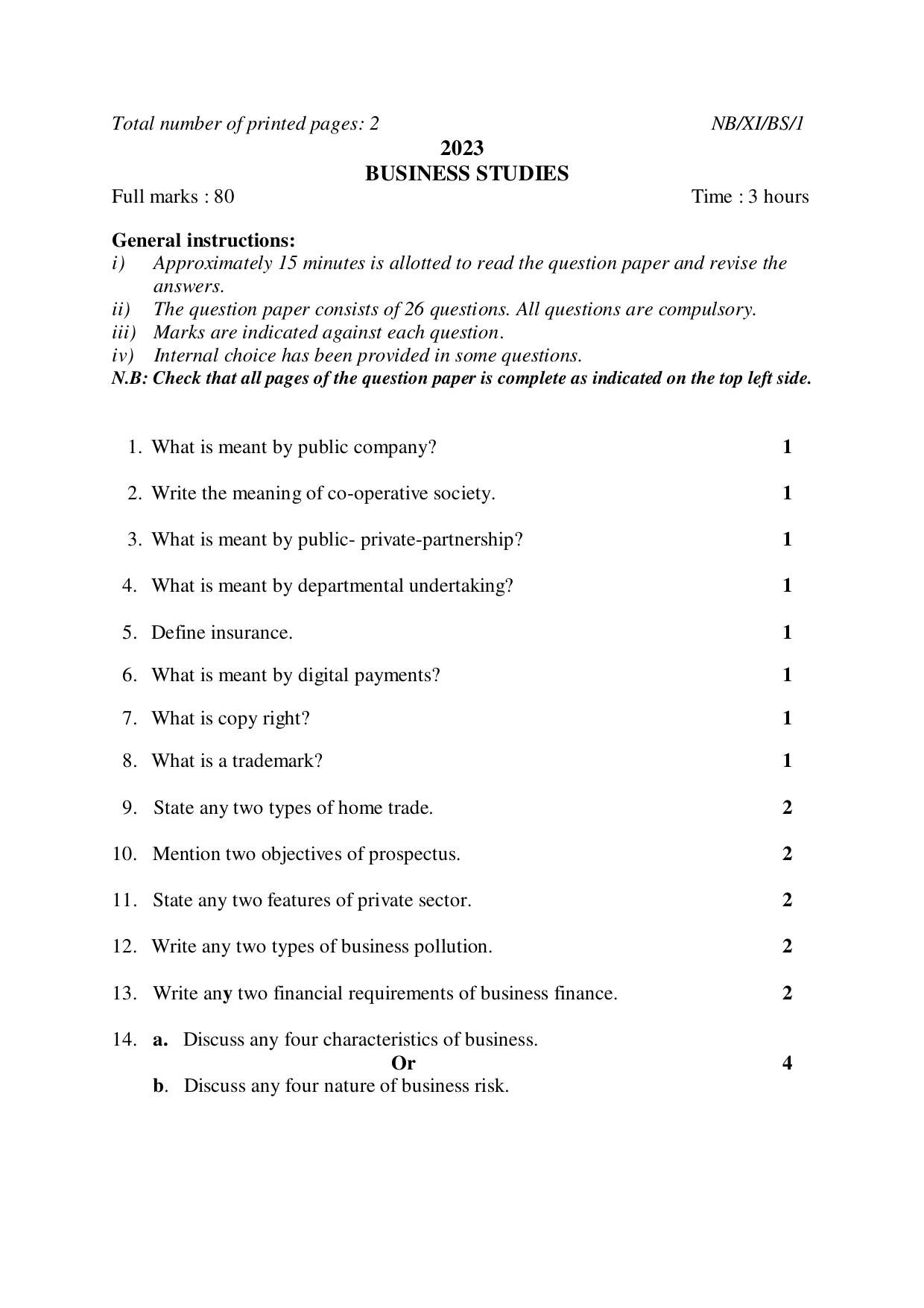 Nagaland Board NBSE 2023 Class 11 Question Paper (All Subjects) - Page 62