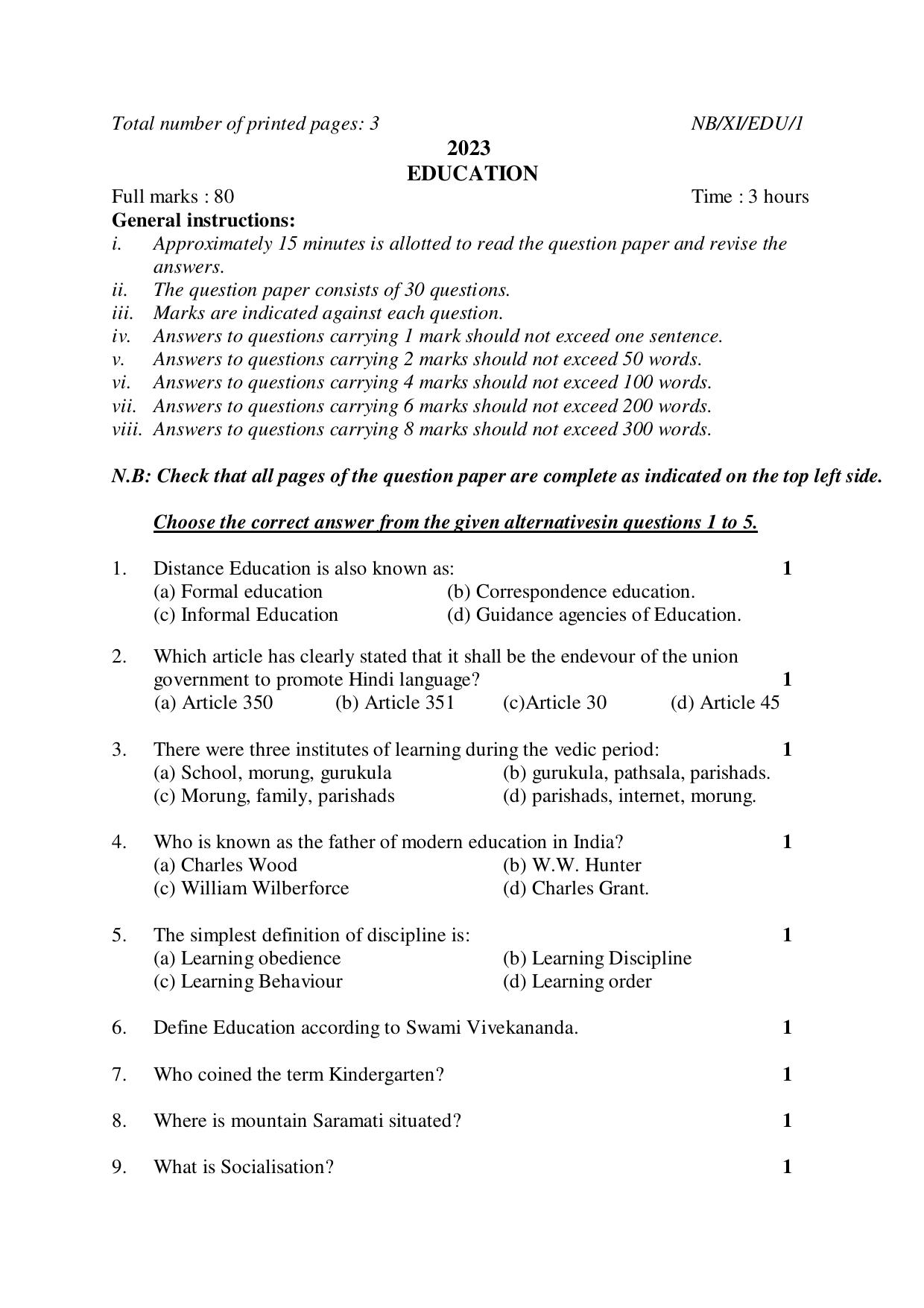 Nagaland Board NBSE 2023 Class 11 Question Paper (All Subjects) - Page 73