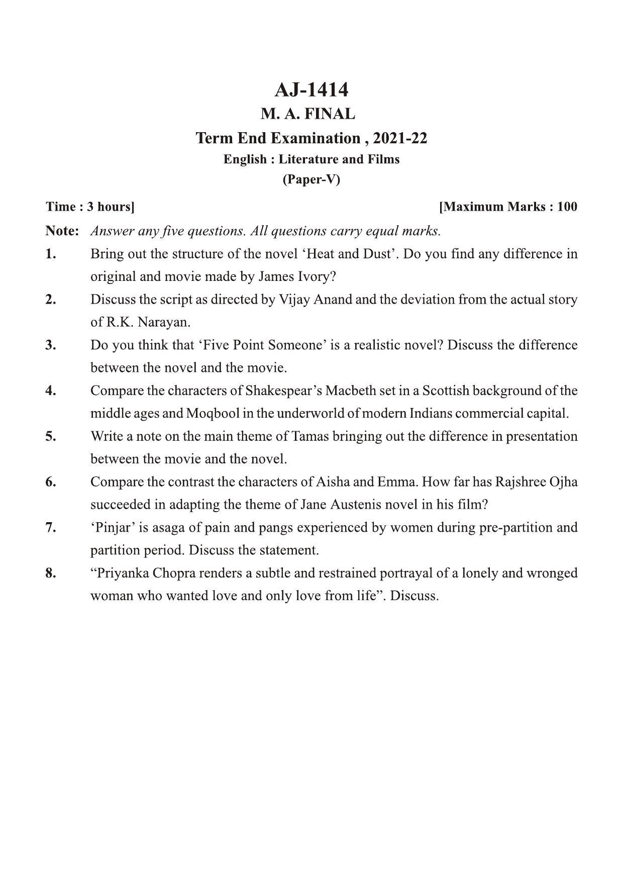 Bilaspur University Question Paper 2021-2022:M.A (Final) English Literature And Films paper 1 - Page 1
