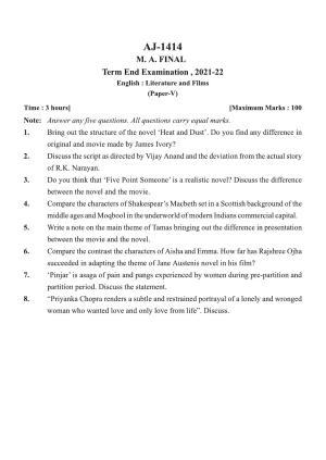 Bilaspur University Question Paper 2021-2022:M.A (Final) English Literature And Films paper 1