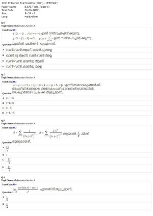 JEE Mains 2022: BTech Malayalam (Shift 2) 26-06-2022 Question Paper
