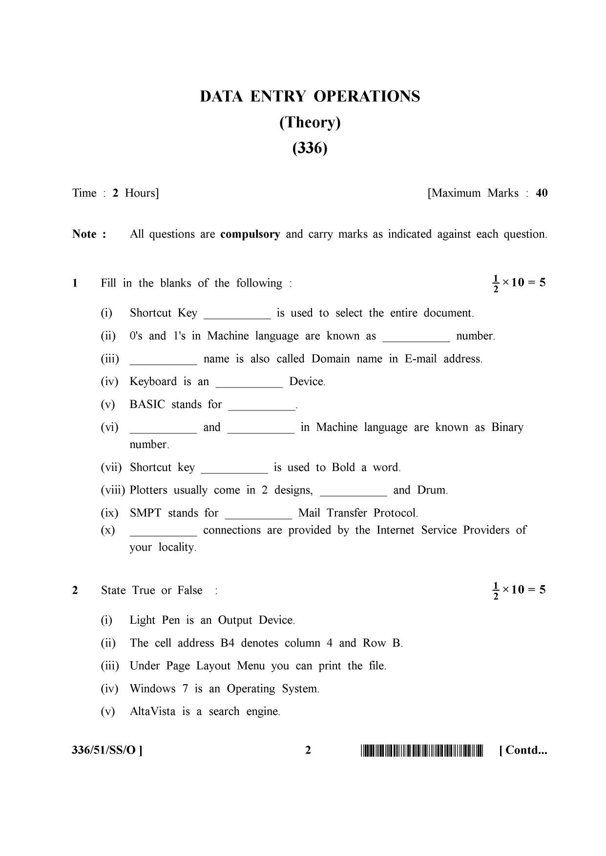NIOS October 2015 Class 12 Data Entry Operation Question Paper - Page 2