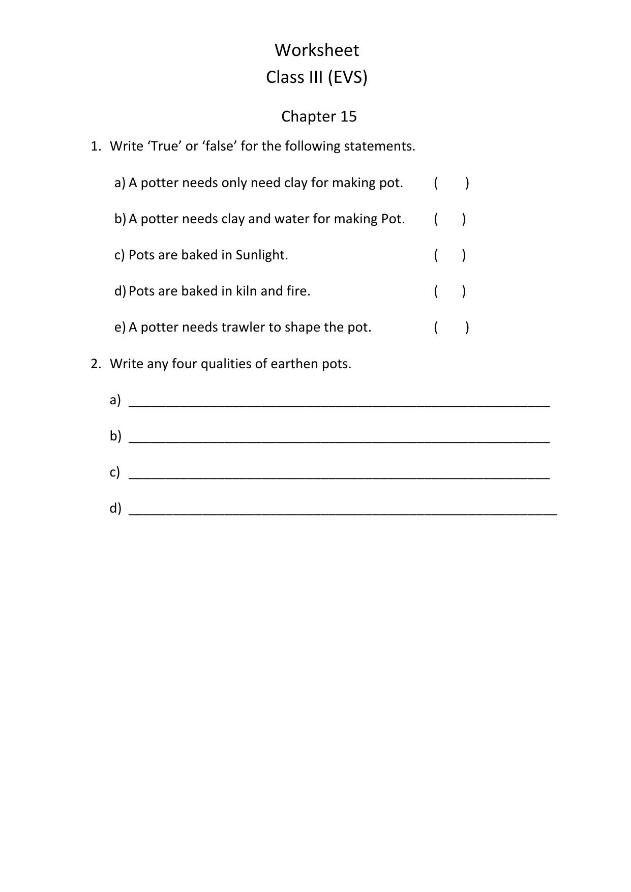 Worksheet for Class 3 EVS Assignment 89 Chapter 15 - Page 1