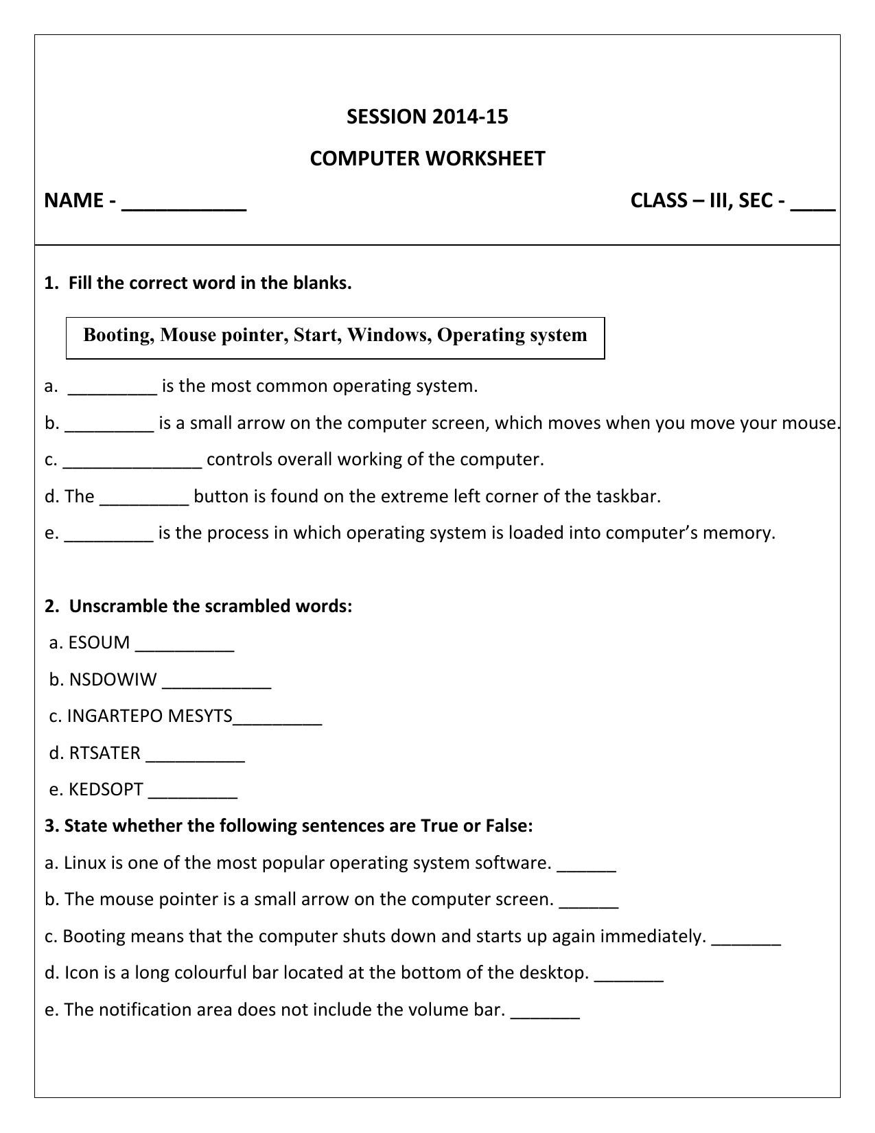 Worksheet for Class 3 Computers Assignment 3 - Page 1