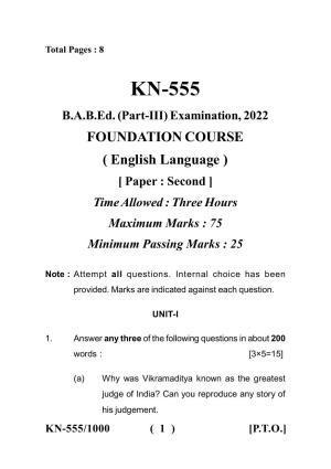 Sarguja University Question Paper - 2022 :   B.A. Bed 04 Year Integrated Course(Third Year) F.C. :English Language Paper I