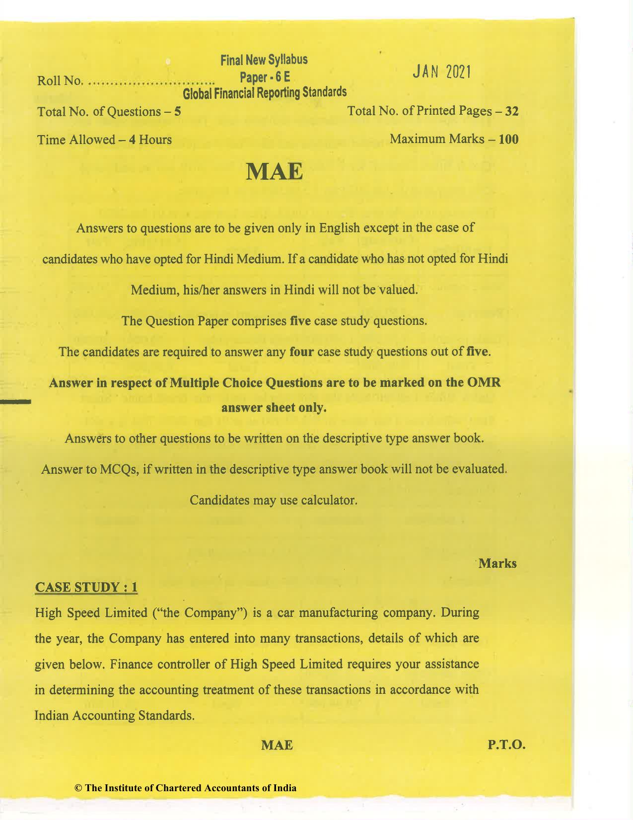 CA Final Jan 2021 Question Paper - Paper 6E – Global Financial Reporting Standards - Page 1