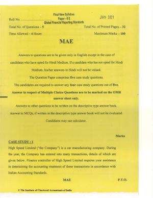 CA Final Jan 2021 Question Paper - Paper 6E – Global Financial Reporting Standards