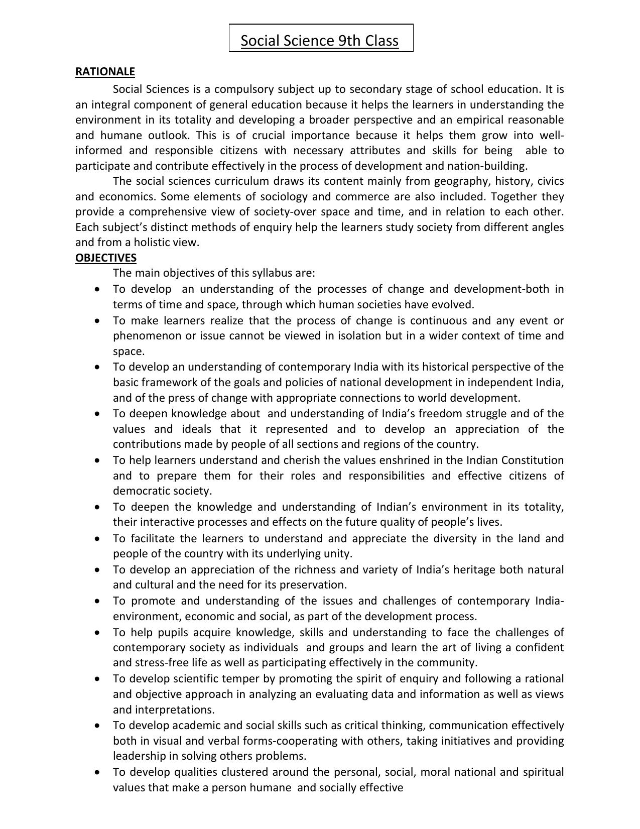 HP Board Class 9th Syllabus for Social Science - Page 1
