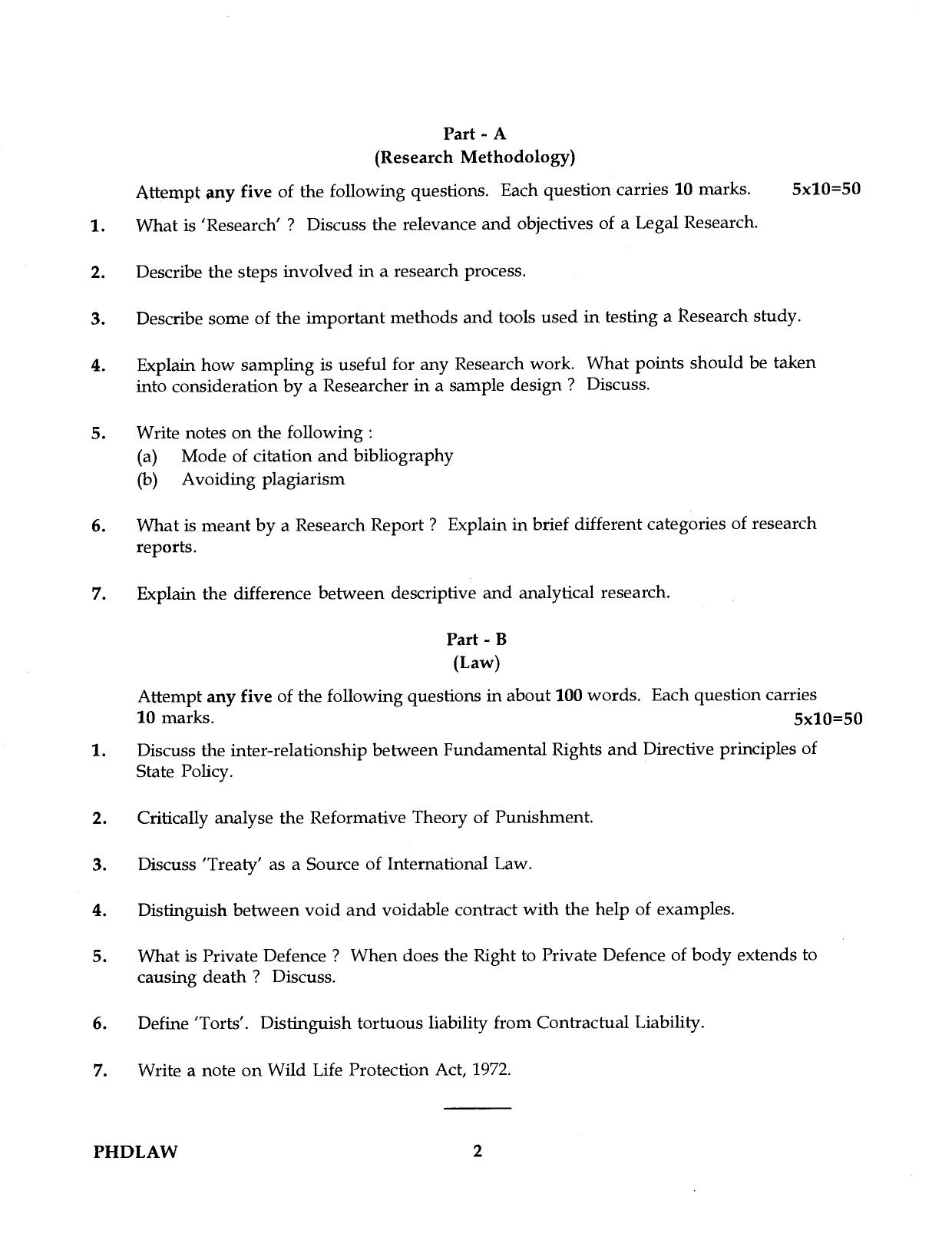 IGNOU PhD Entrance Test Ph.D LAW 2016 Question Paper - Page 2