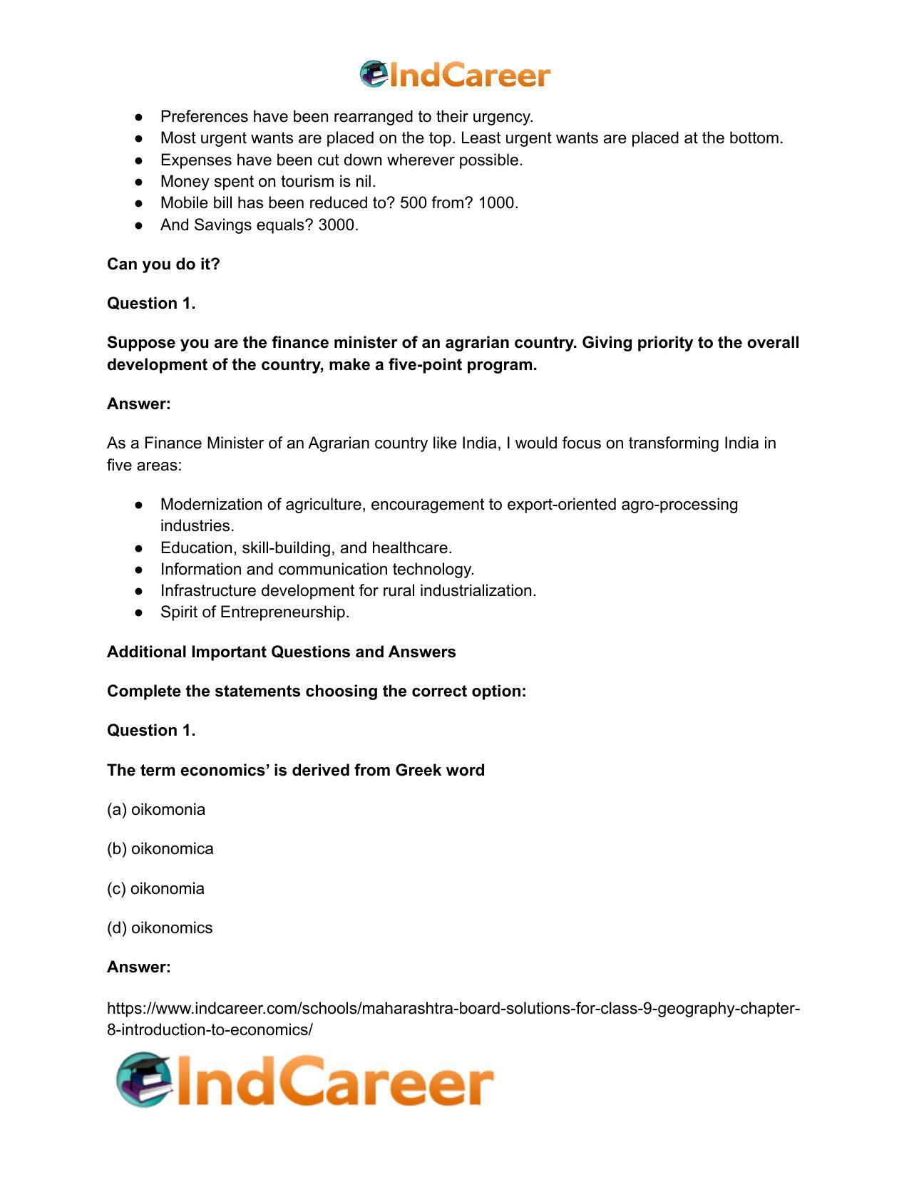 Maharashtra Board Solutions for Class 9- Geography: Chapter 8- Introduction to Economics - Page 8