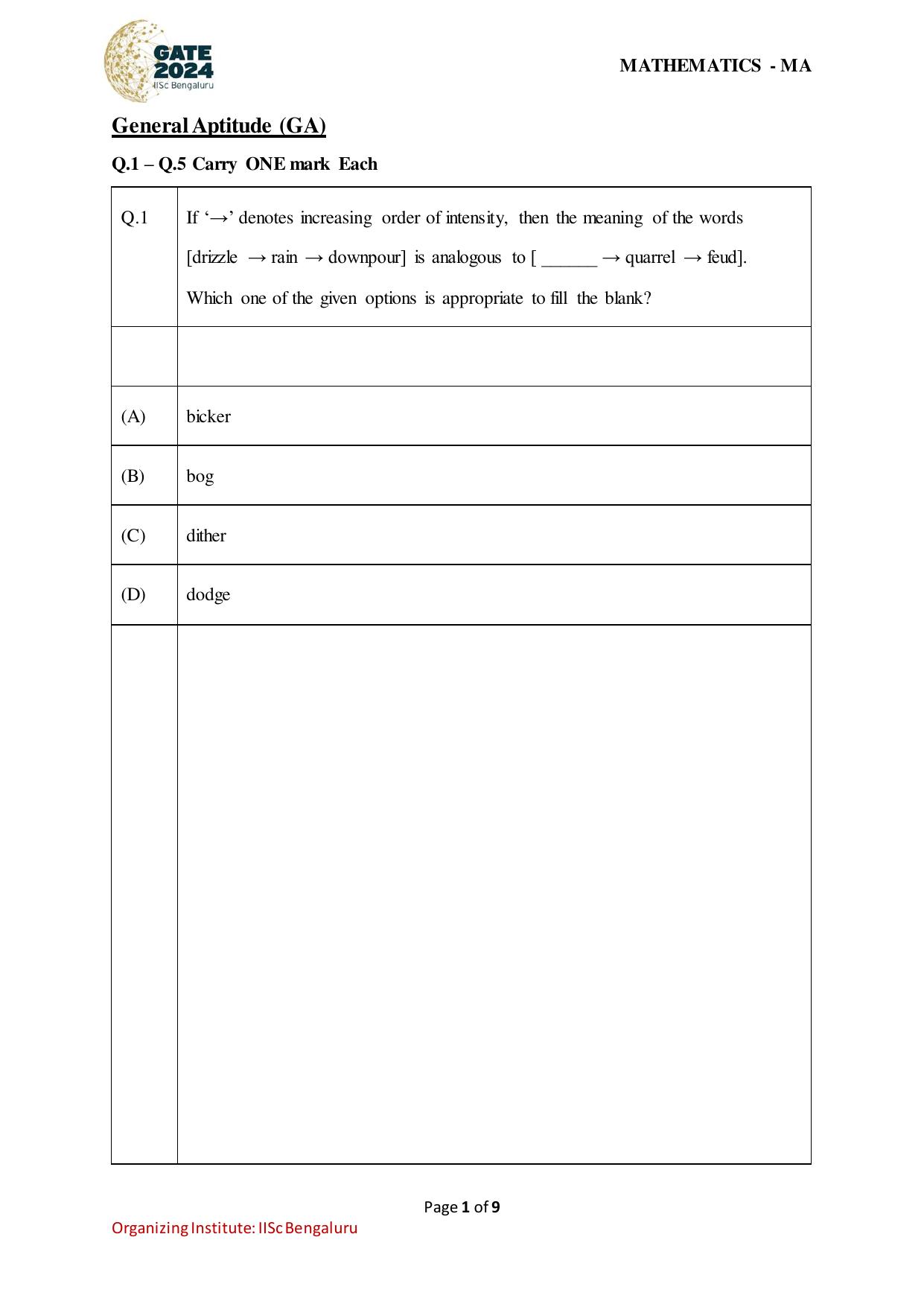 GATE 2024 Mathematics (MA) Question Paper - Page 1
