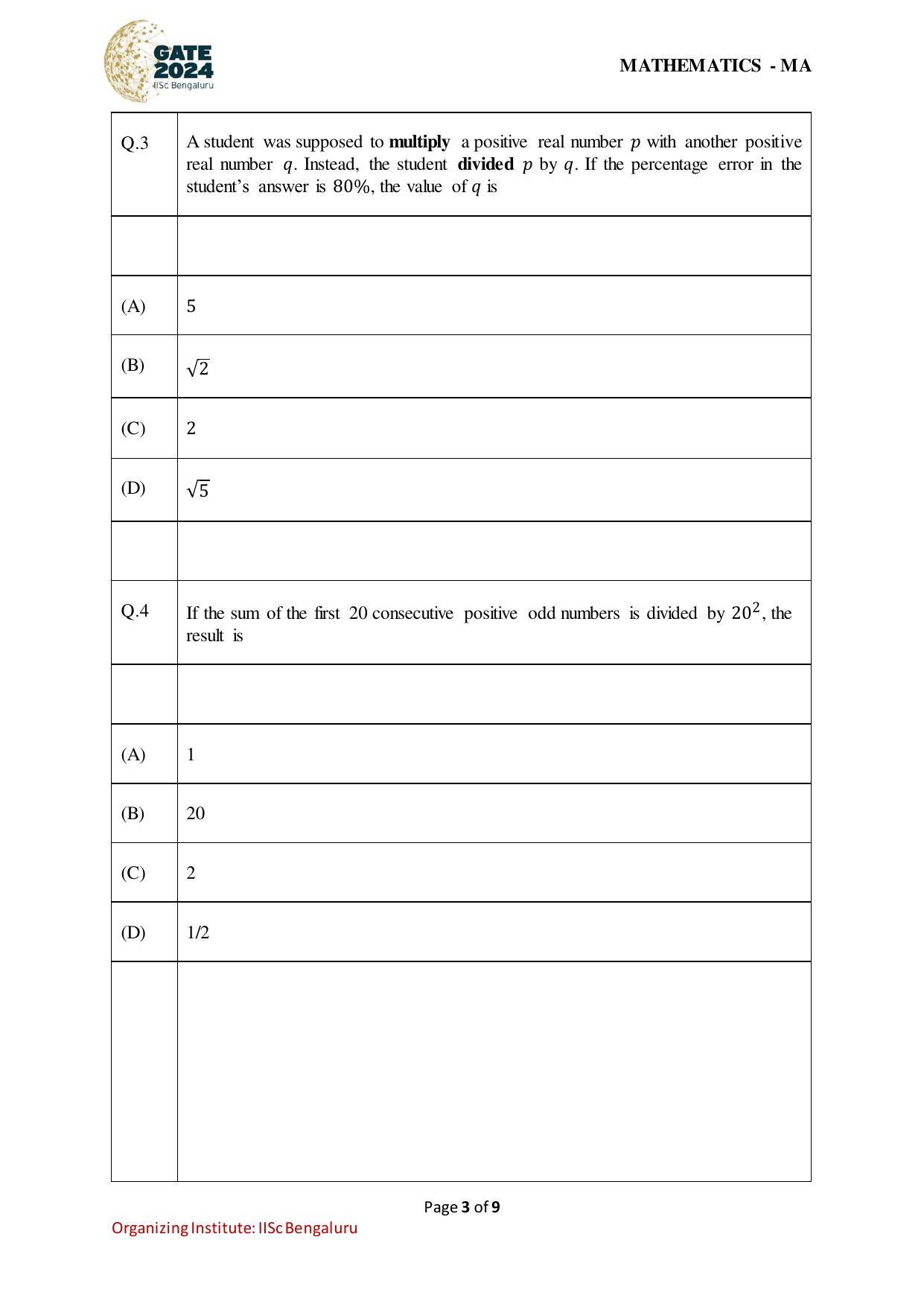 GATE 2024 Mathematics (MA) Question Paper - Page 3