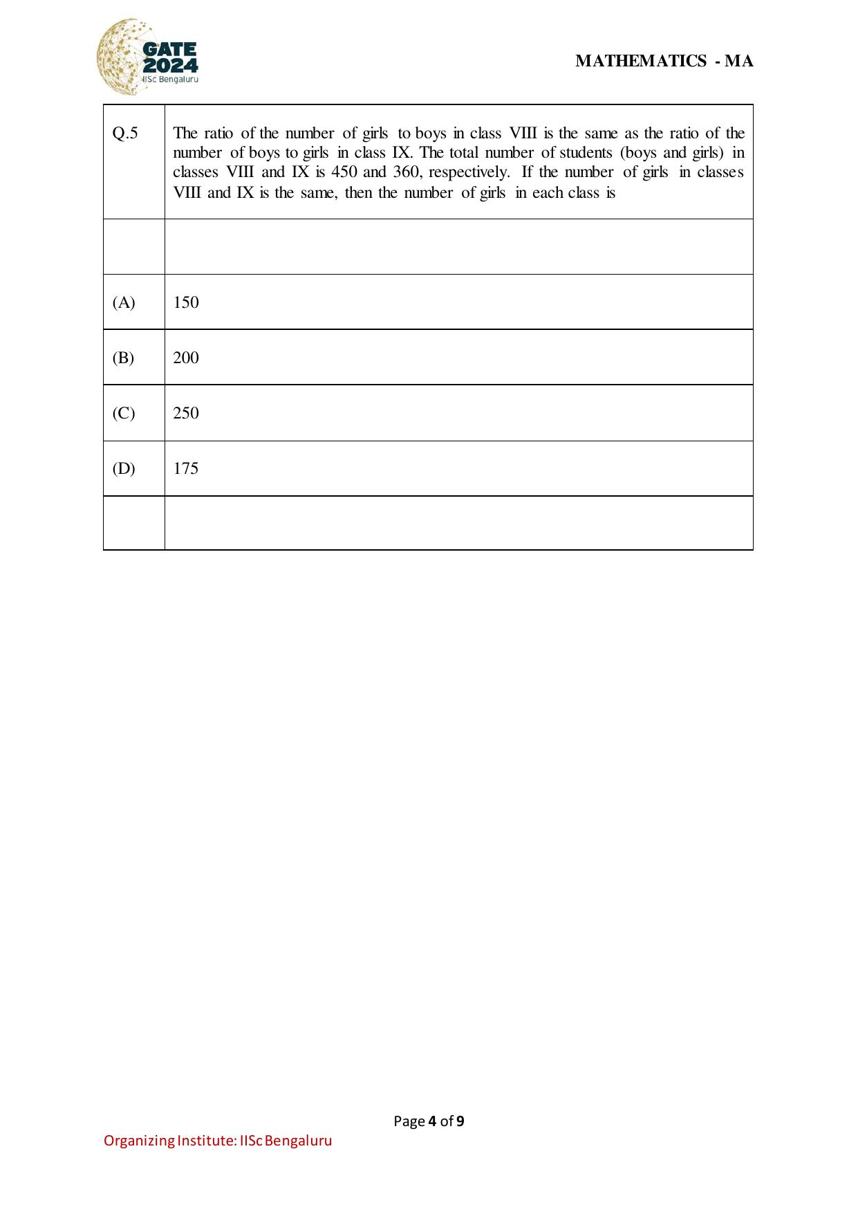 GATE 2024 Mathematics (MA) Question Paper - Page 4