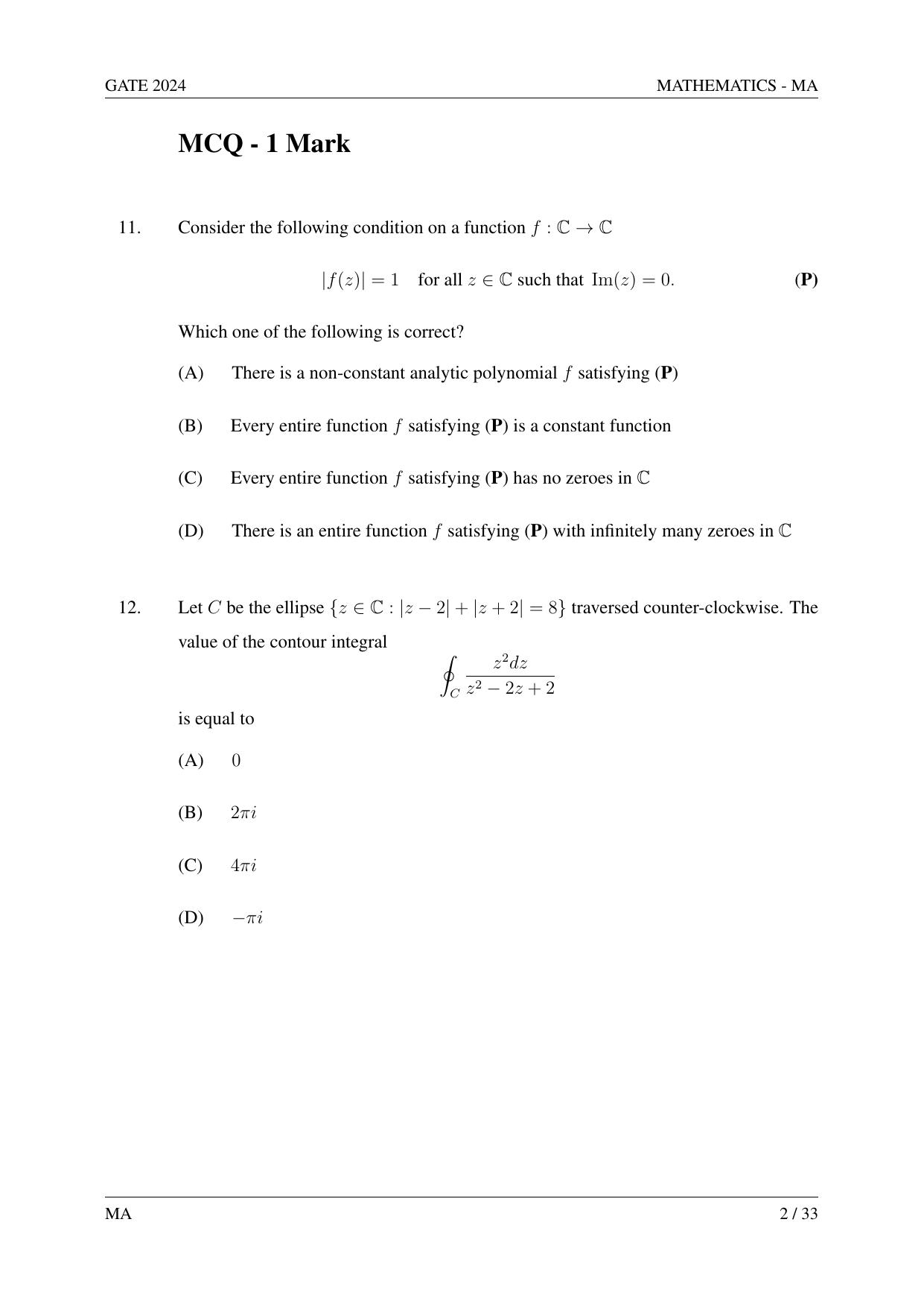 GATE 2024 Mathematics (MA) Question Paper - Page 11