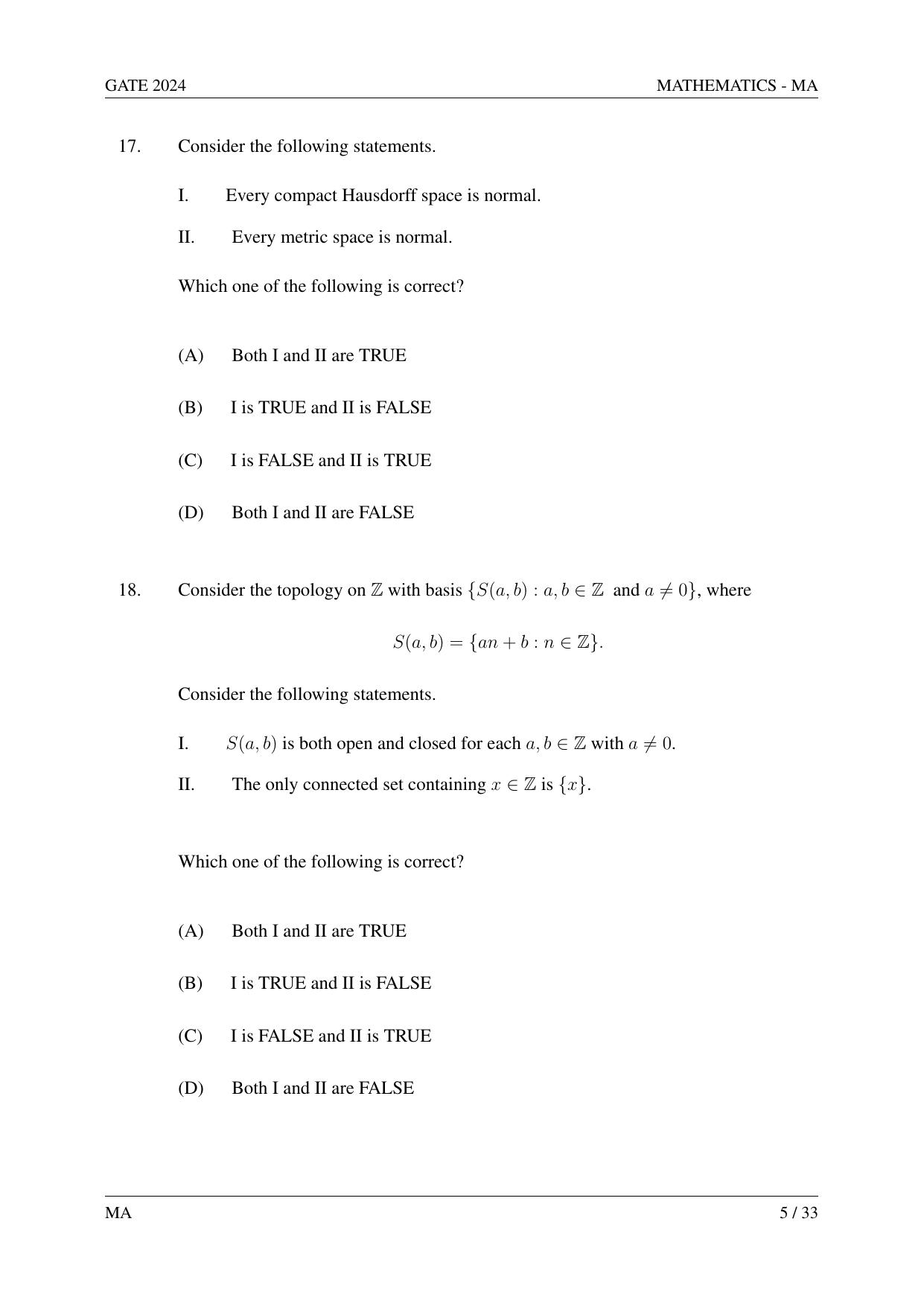 GATE 2024 Mathematics (MA) Question Paper - Page 14