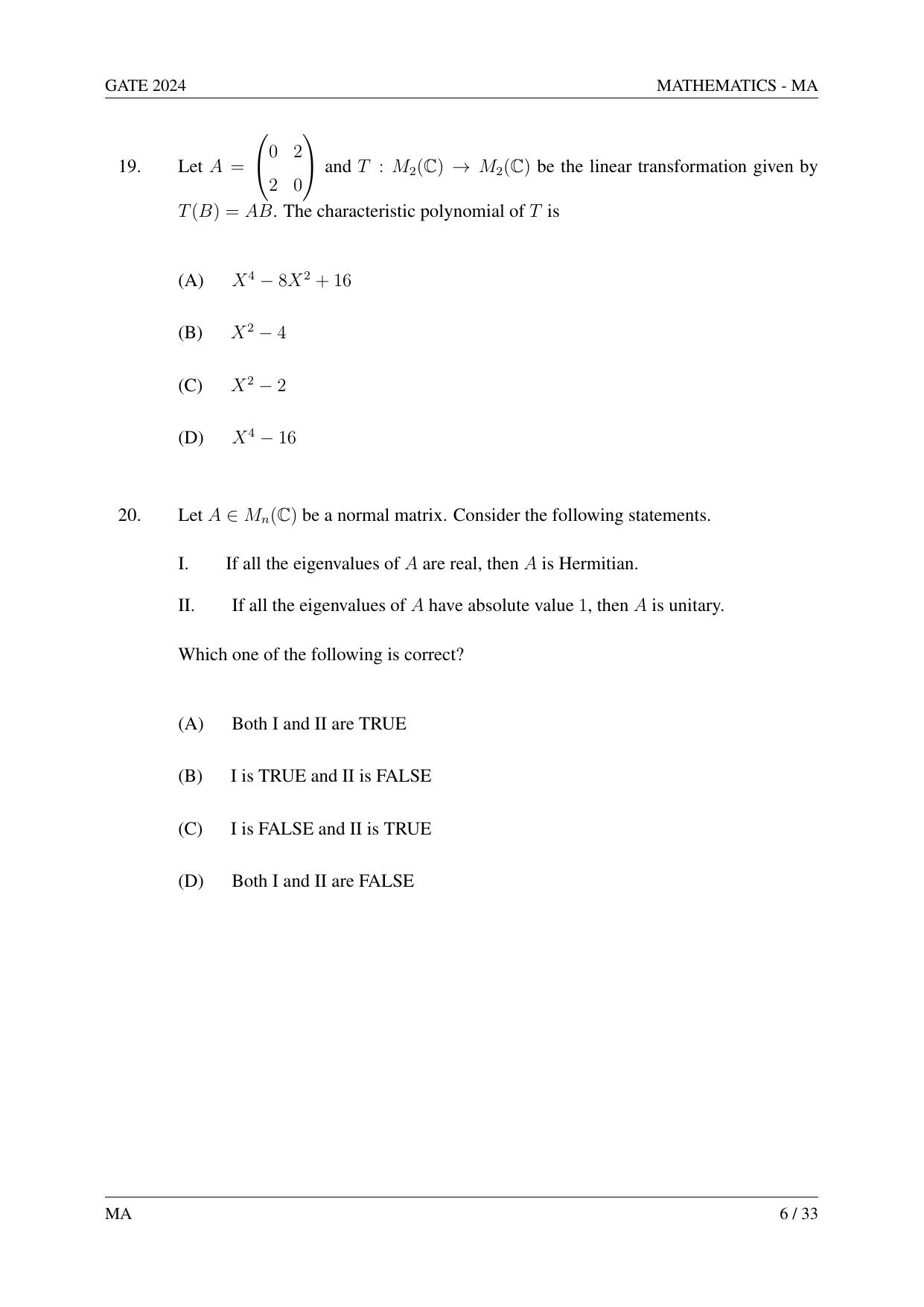 GATE 2024 Mathematics (MA) Question Paper - Page 15
