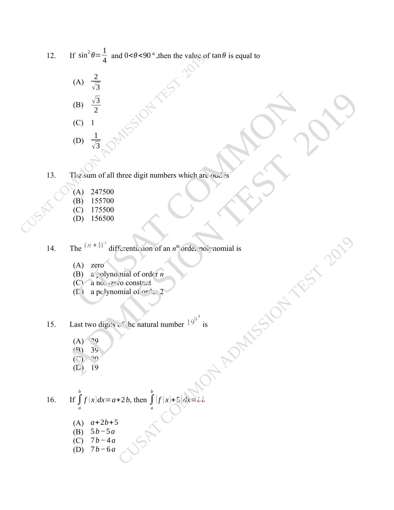CUSAT CAT 2019 B.Tech Question Paper With Answer Key - Page 6