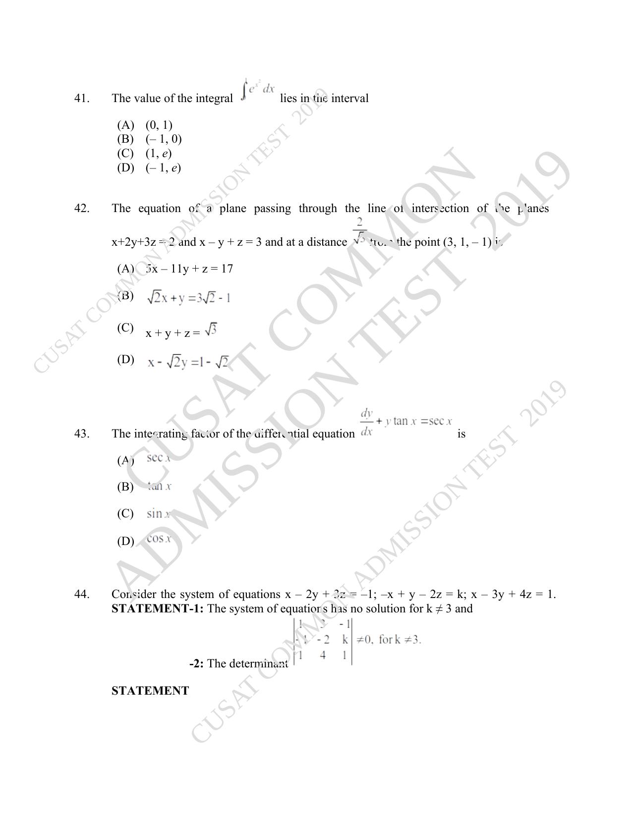 CUSAT CAT 2019 B.Tech Question Paper With Answer Key - Page 17