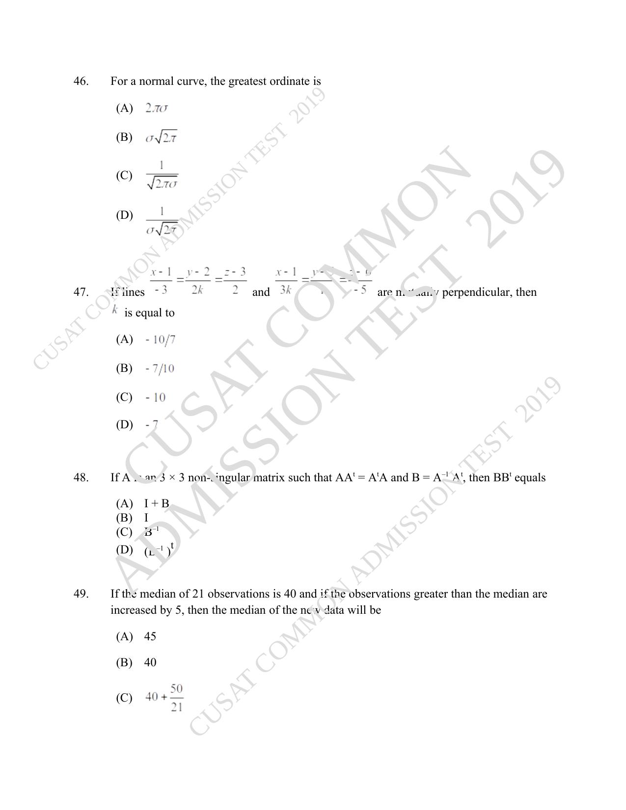 CUSAT CAT 2019 B.Tech Question Paper With Answer Key - Page 19