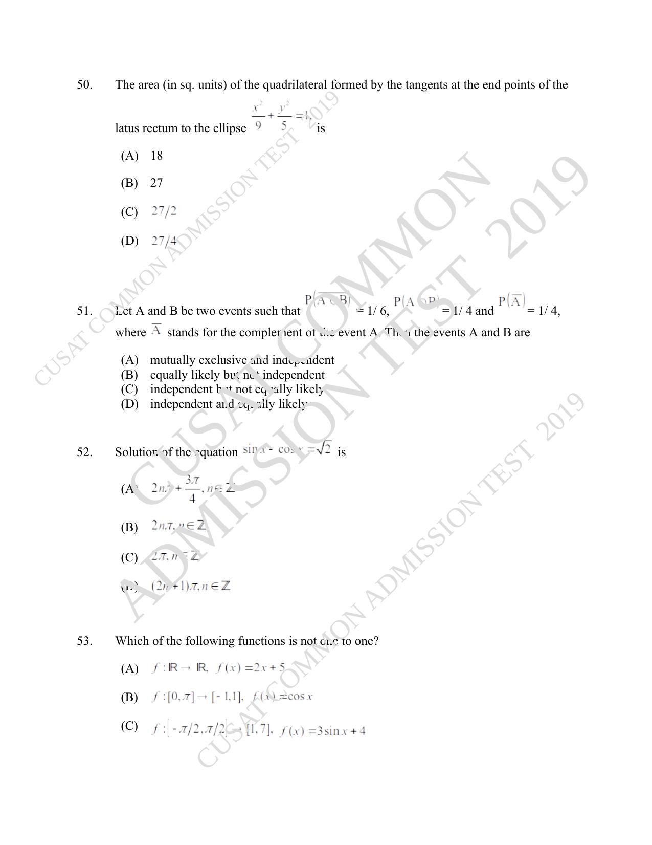 CUSAT CAT 2019 B.Tech Question Paper With Answer Key - Page 21