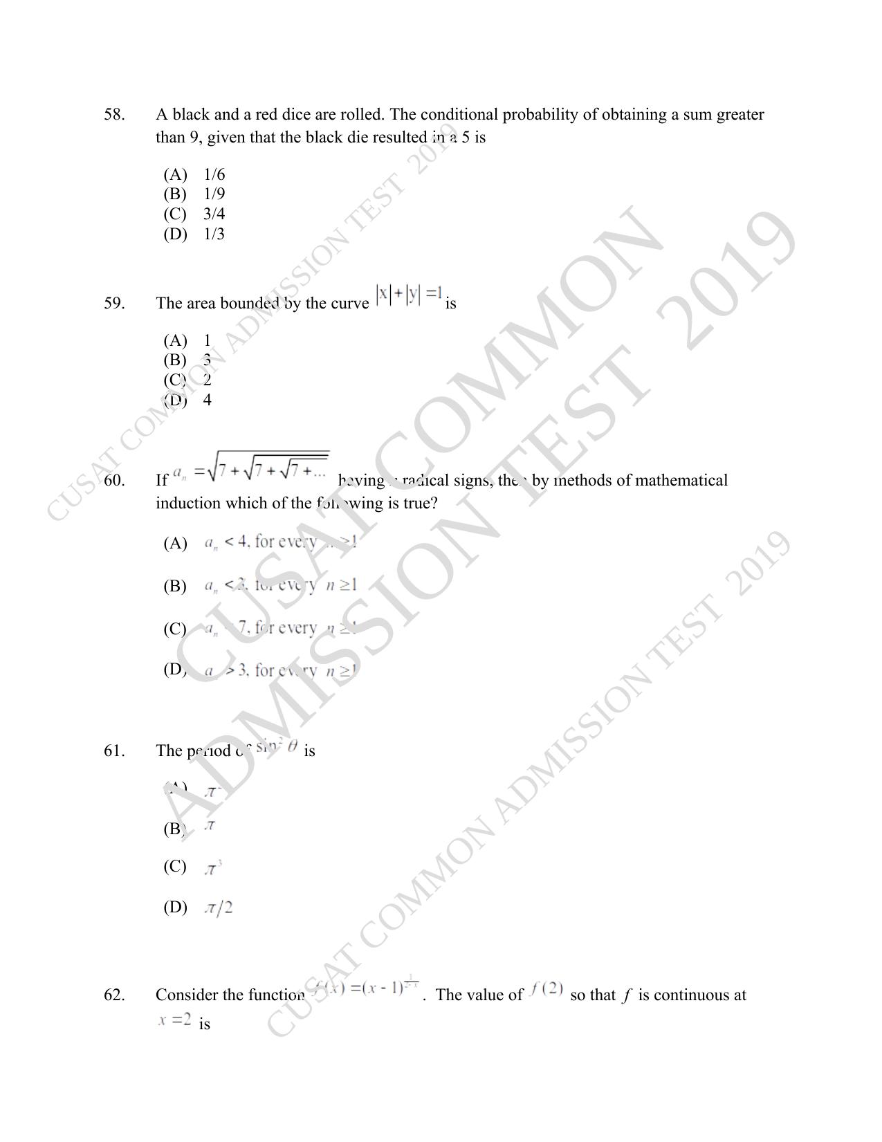 CUSAT CAT 2019 B.Tech Question Paper With Answer Key - Page 25