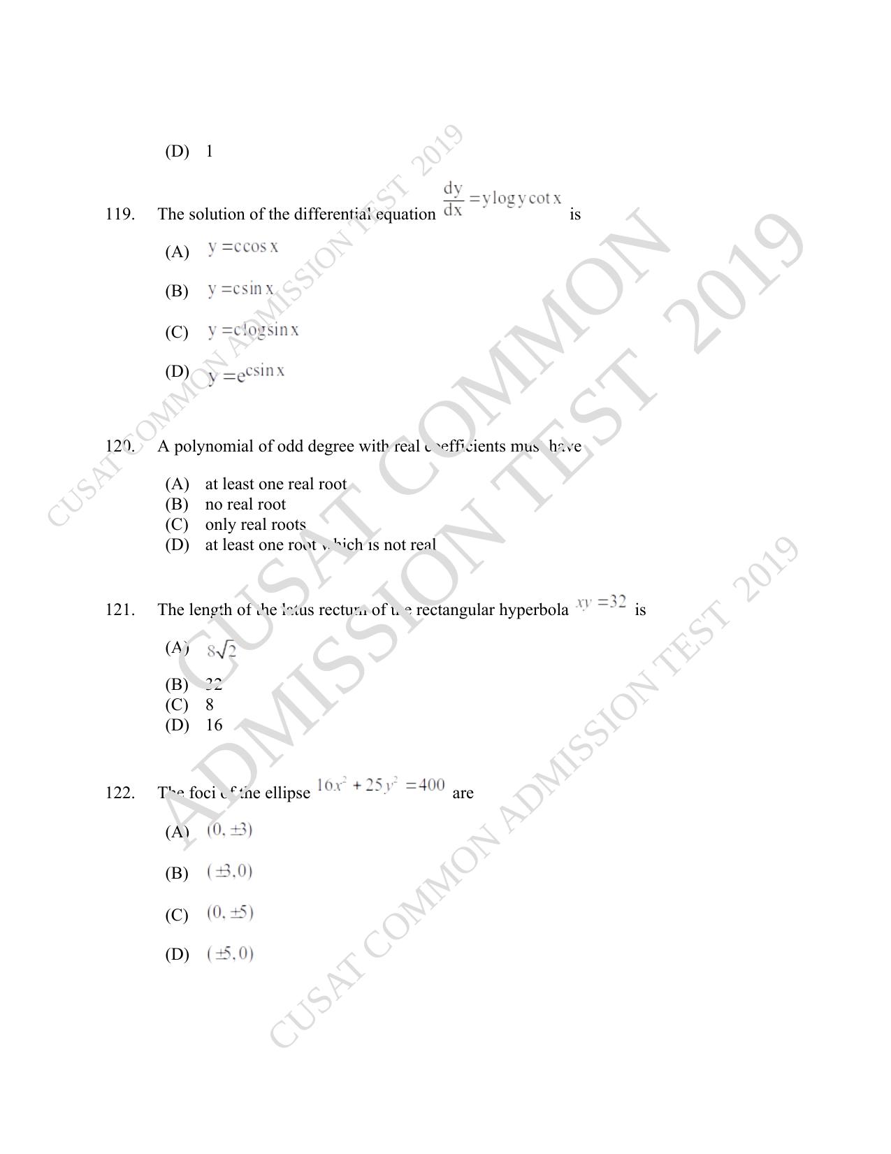 CUSAT CAT 2019 B.Tech Question Paper With Answer Key - Page 47