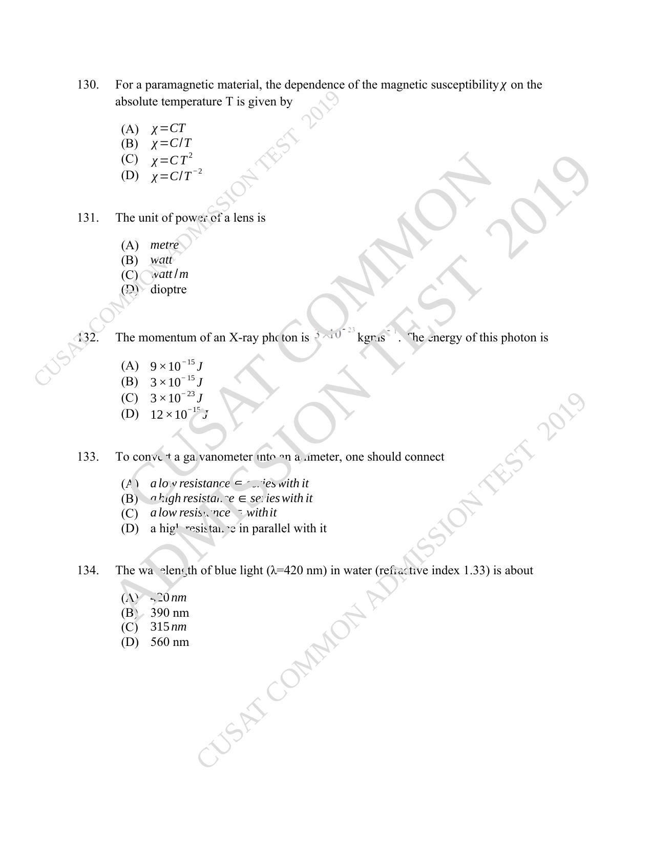 CUSAT CAT 2019 B.Tech Question Paper With Answer Key - Page 50