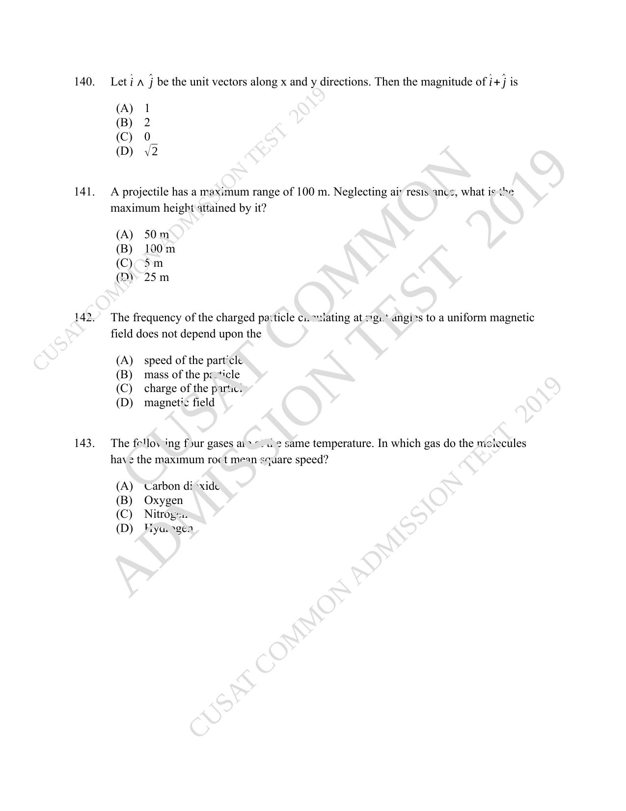 CUSAT CAT 2019 B.Tech Question Paper With Answer Key - Page 52