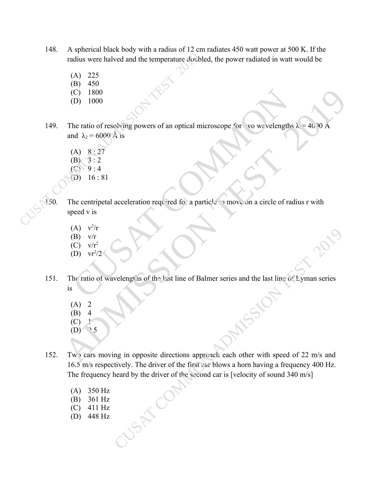 CUSAT CAT 2019 B.Tech Question Paper With Answer Key - Page 55