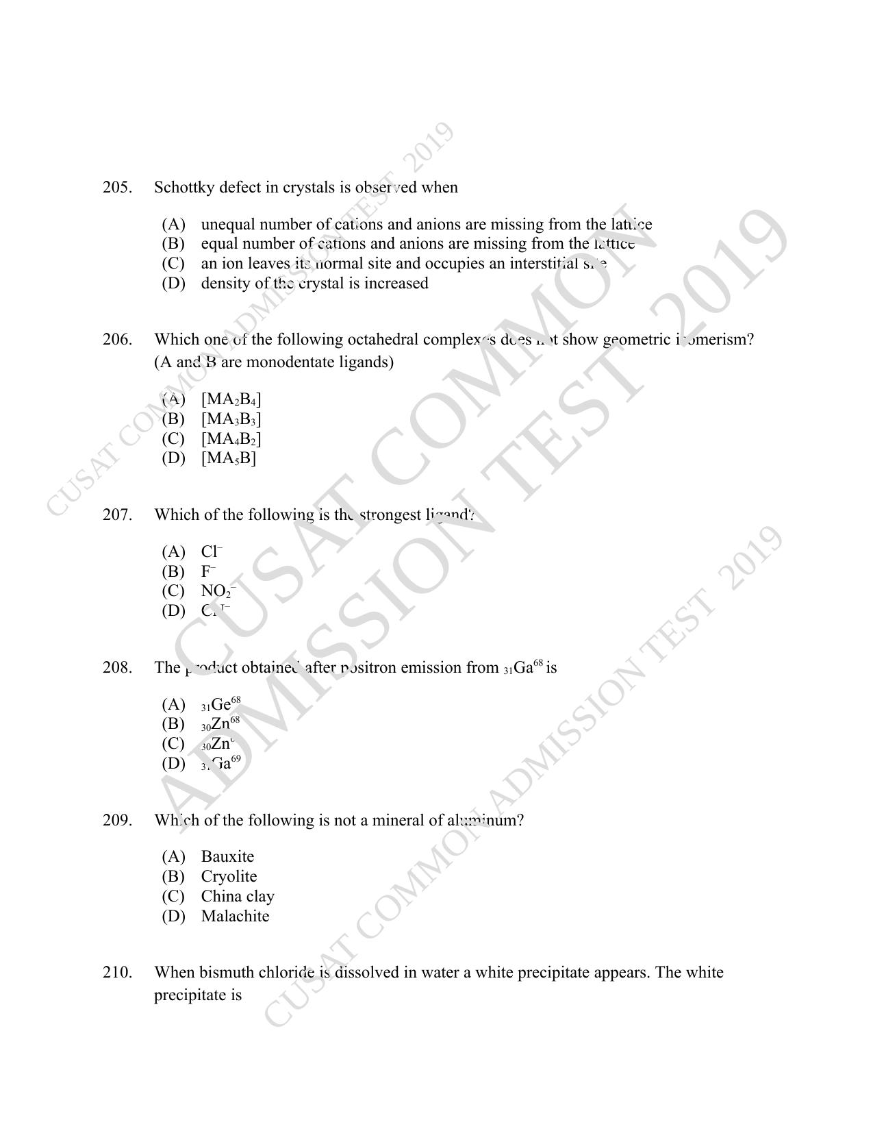 CUSAT CAT 2019 B.Tech Question Paper With Answer Key - Page 66