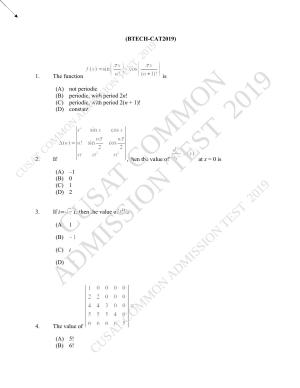 CUSAT CAT 2019 B.Tech Question Paper With Answer Key