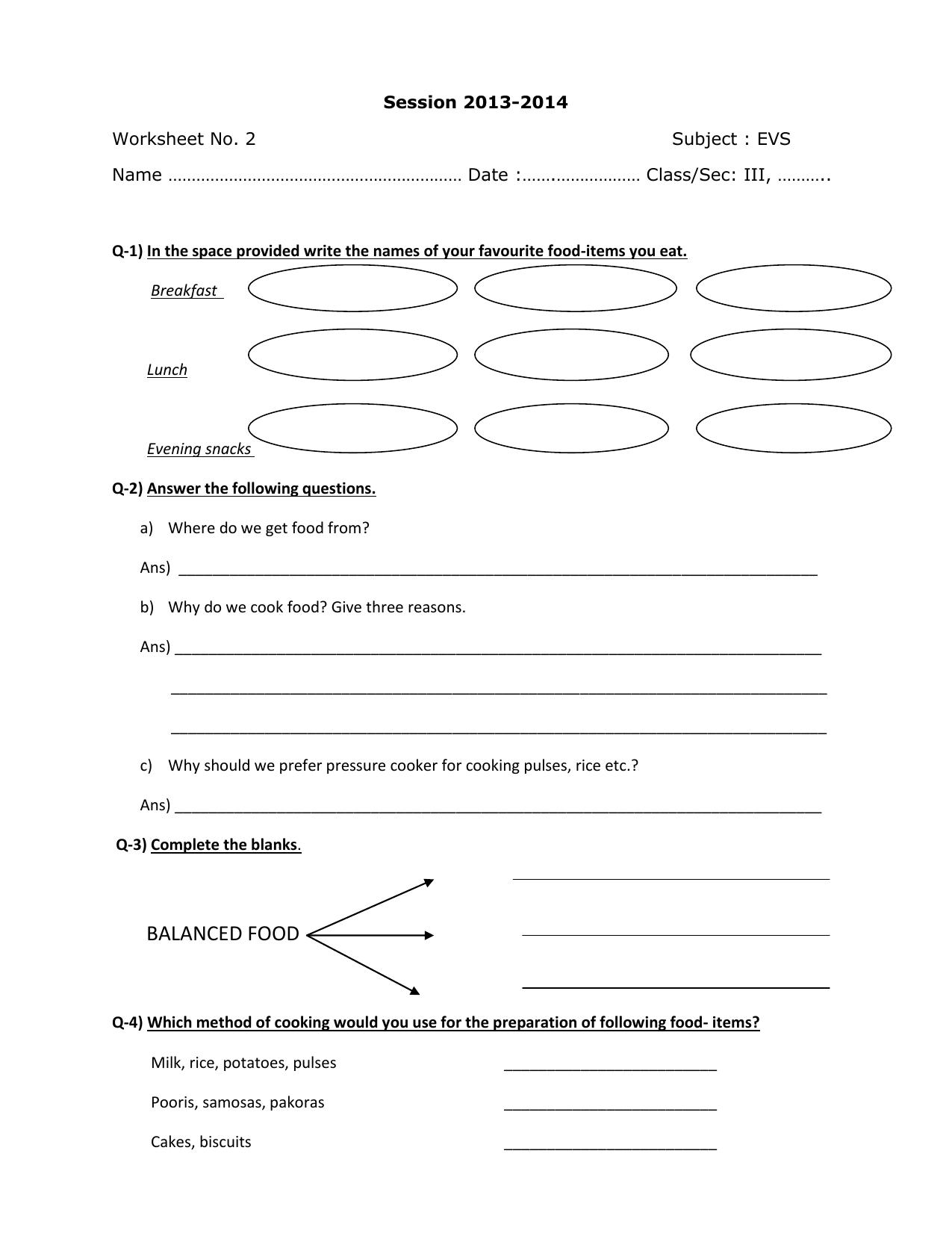 Worksheet for Class 3 EVS Assignment 8 - Page 1