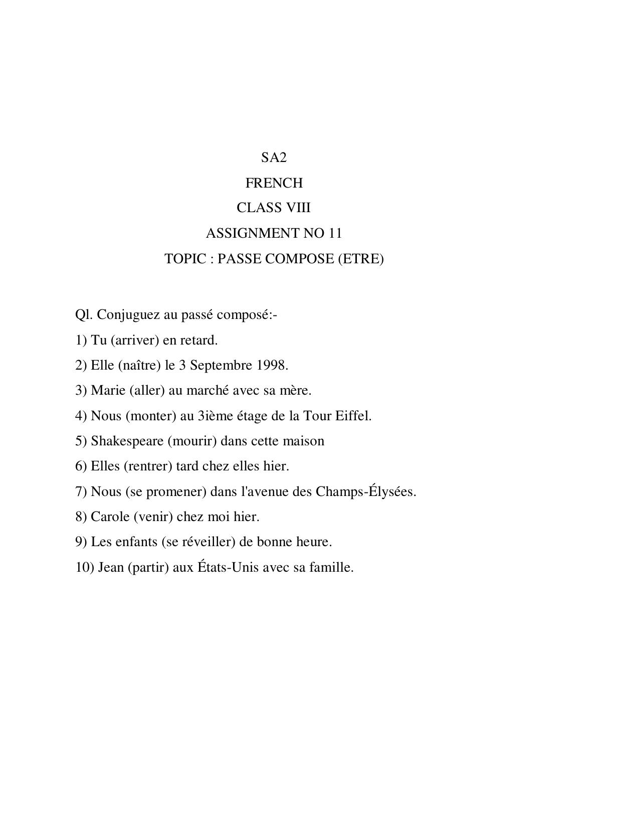CBSE Worksheets for Class 8 French Assignment 11 - Page 1