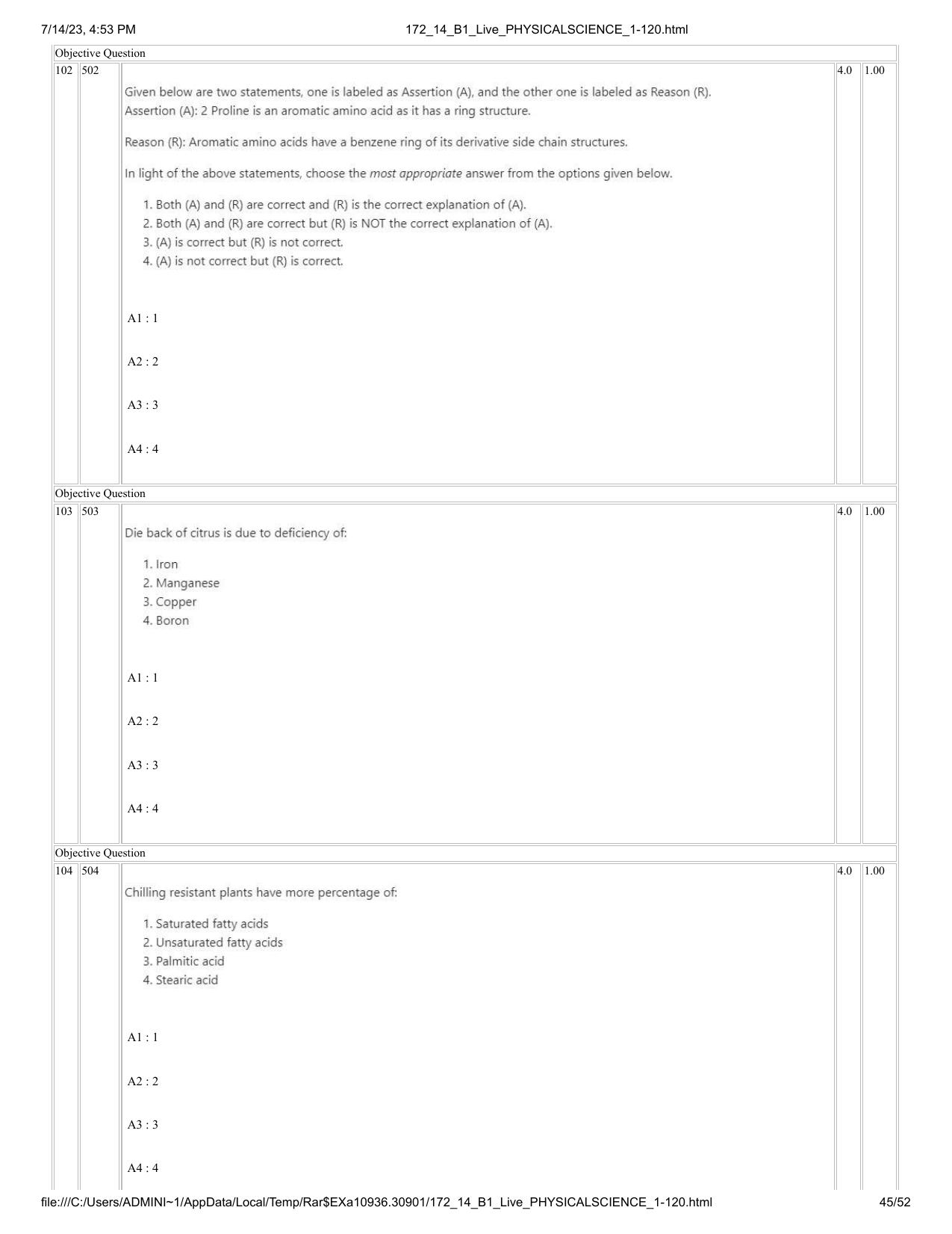 ICAR AIEEA PG 2023 PHYSICAL SCIENCES Question Paper- 14 July 2023 - Page 45