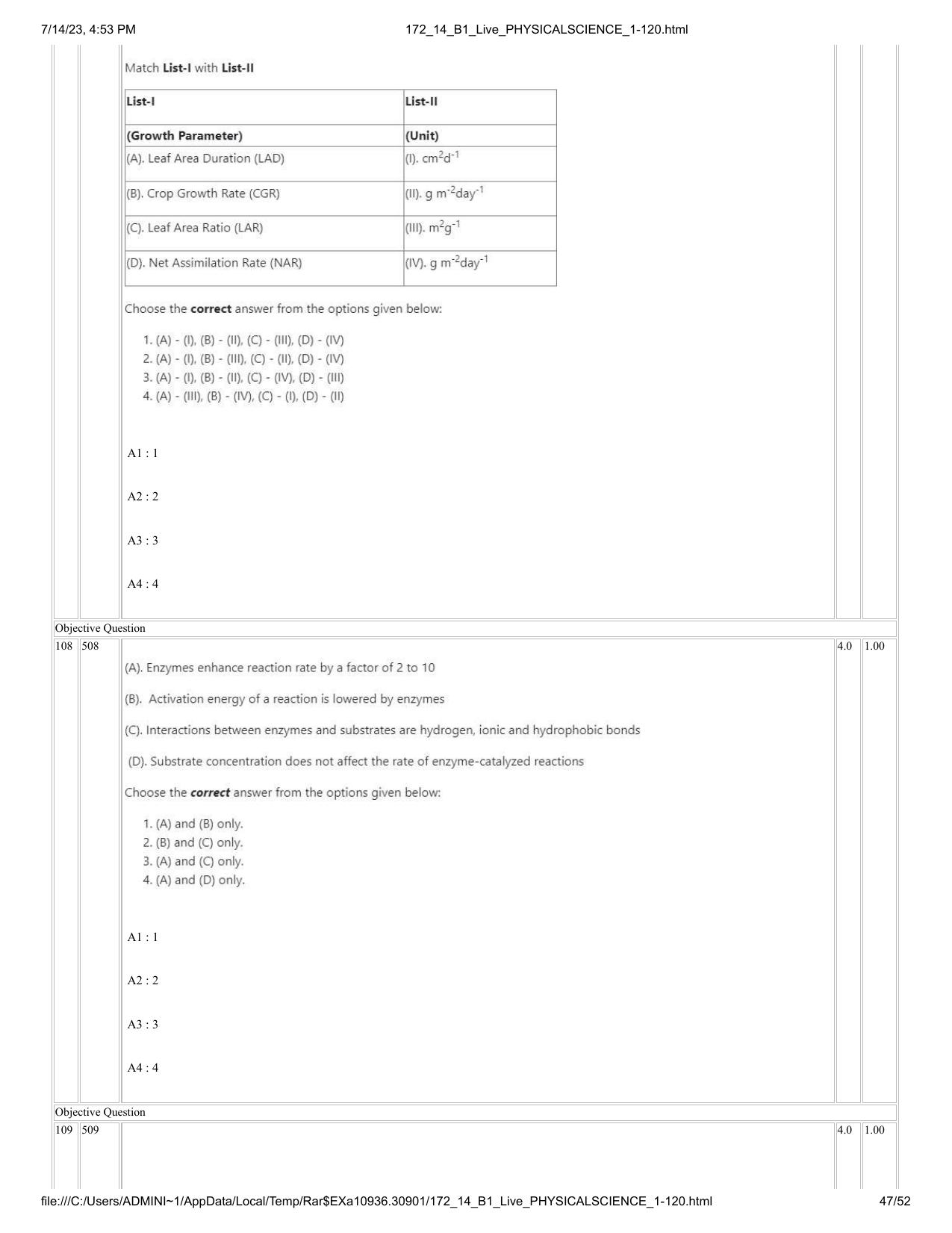 ICAR AIEEA PG 2023 PHYSICAL SCIENCES Question Paper- 14 July 2023 - Page 47