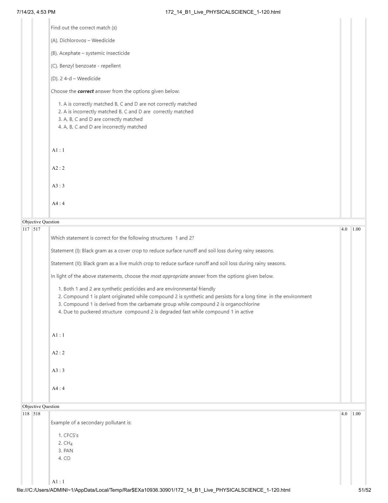 ICAR AIEEA PG 2023 PHYSICAL SCIENCES Question Paper- 14 July 2023 - Page 51