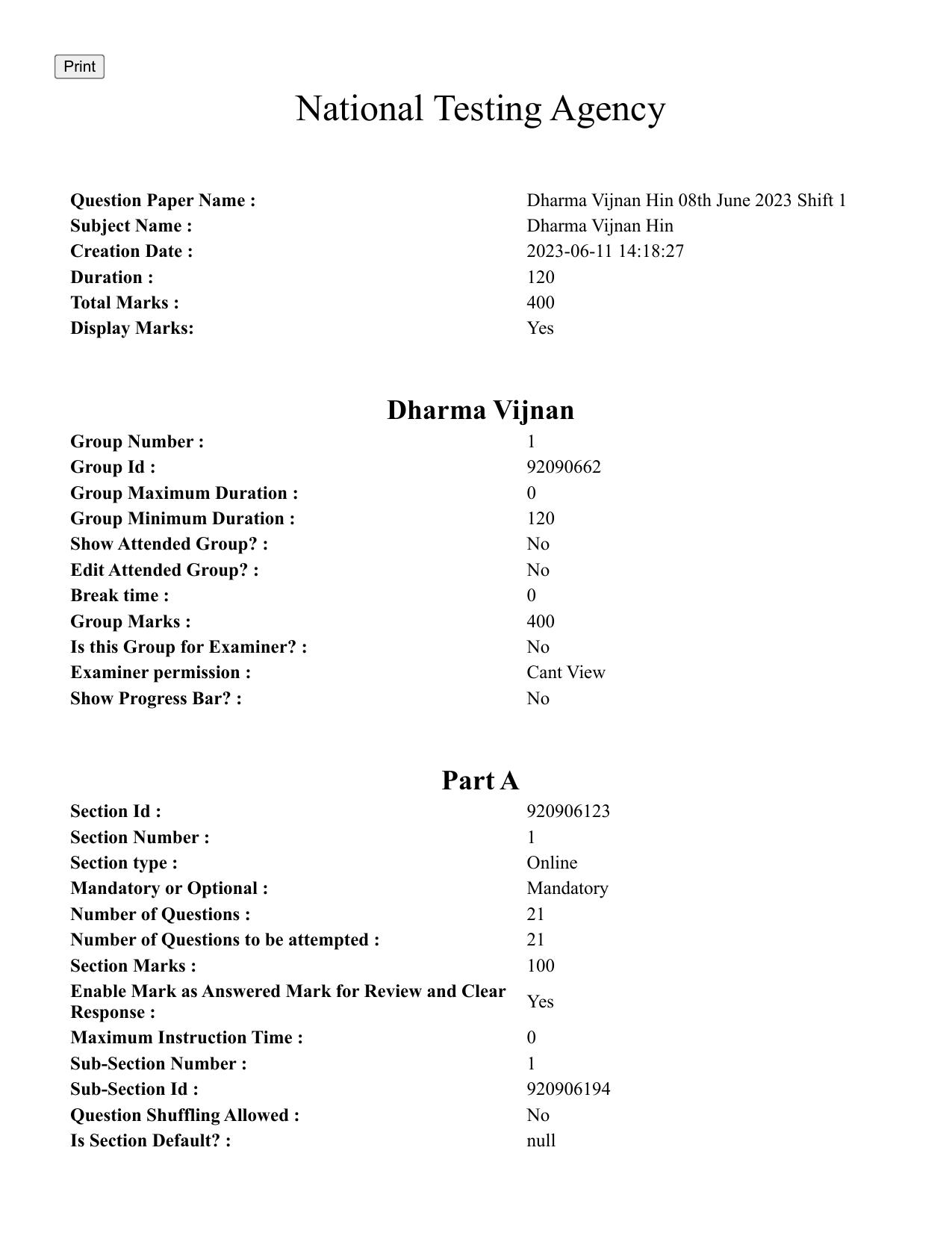 CUET PG 2023: ACQP06 – Dharma Vijnan (Hindi)-shift 1 (08-06-2023) Question Paper - Page 1