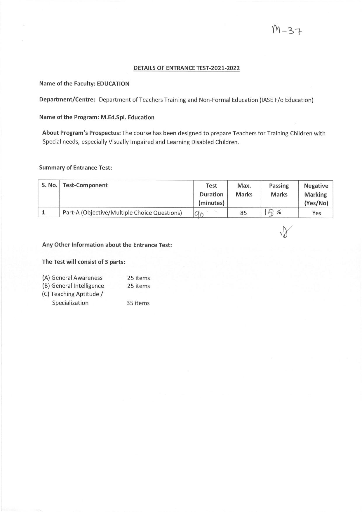 JMI Entrance Exam M37-M.Ed (Special Education) Syllabus - Page 1