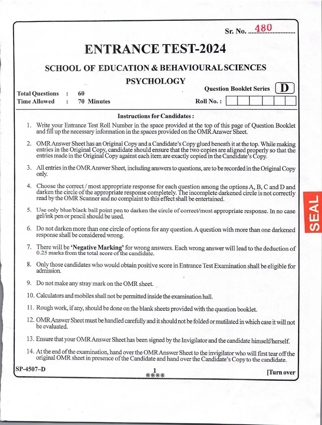 KUET 2024 M.A. Psychology Question Paper - Page 1