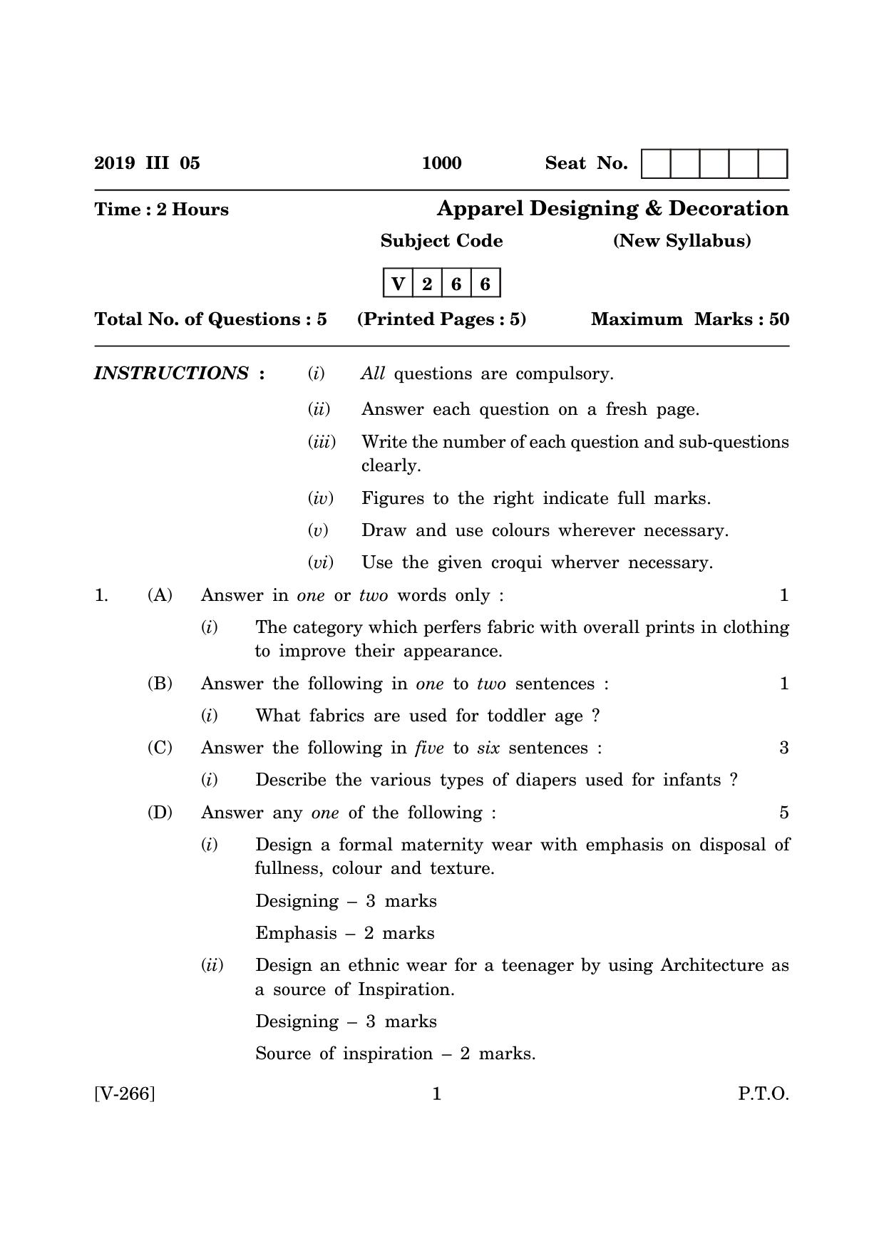 Goa Board Class 12 Apparel Designing & Decoration  2019 (March 2019) Question Paper - Page 1