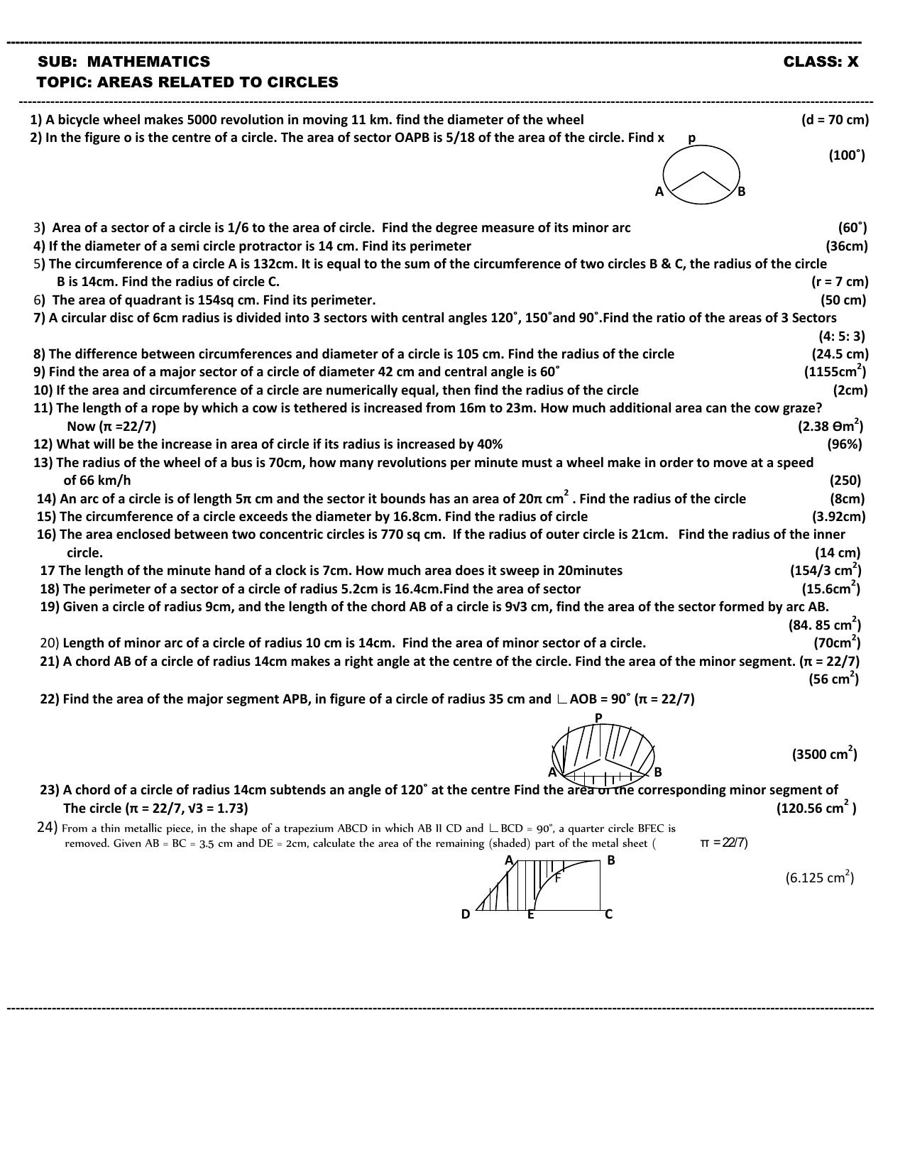 CBSE Worksheets for Class 10 Maths Areas related to Circles Assignment 3 - Page 1