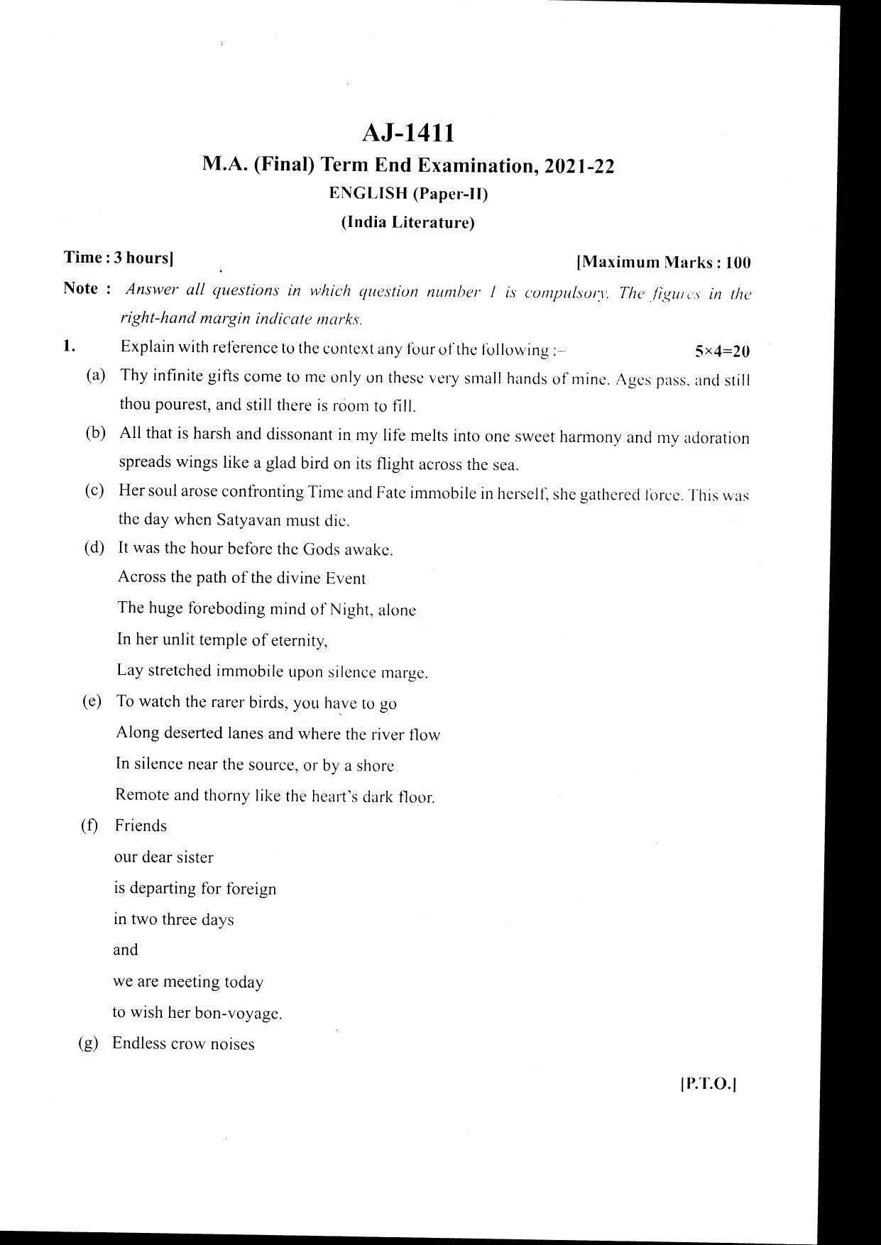 Bilaspur University Question Paper 2021-2022:M.A (Final) English  Indian Literature Paper 1 - Page 1
