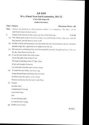 Bilaspur University Question Paper 2021-2022:M.A (Final) English  Indian Literature Paper 1